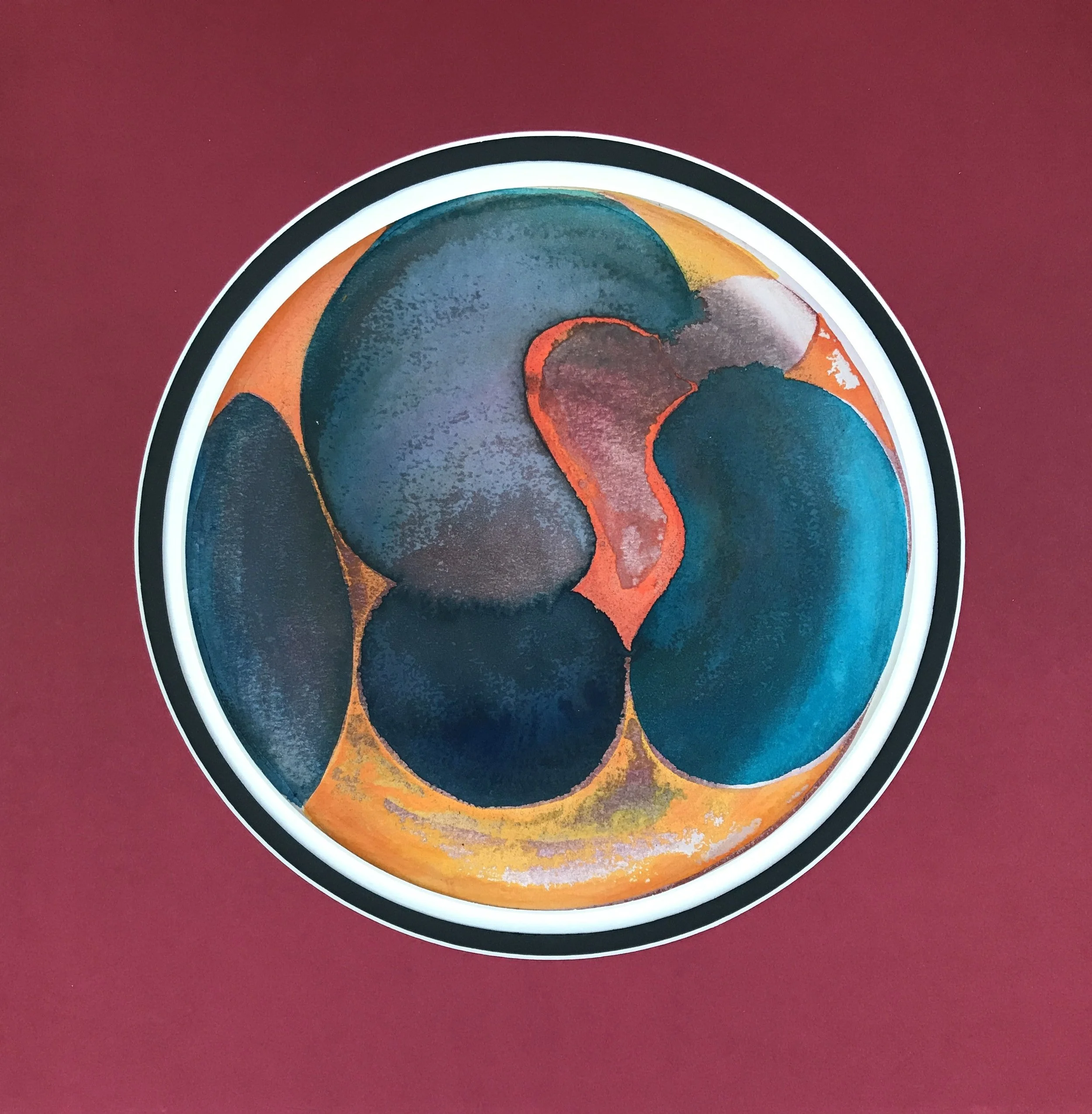 Luminous Painted World, the circular painting shown against a deep red ground