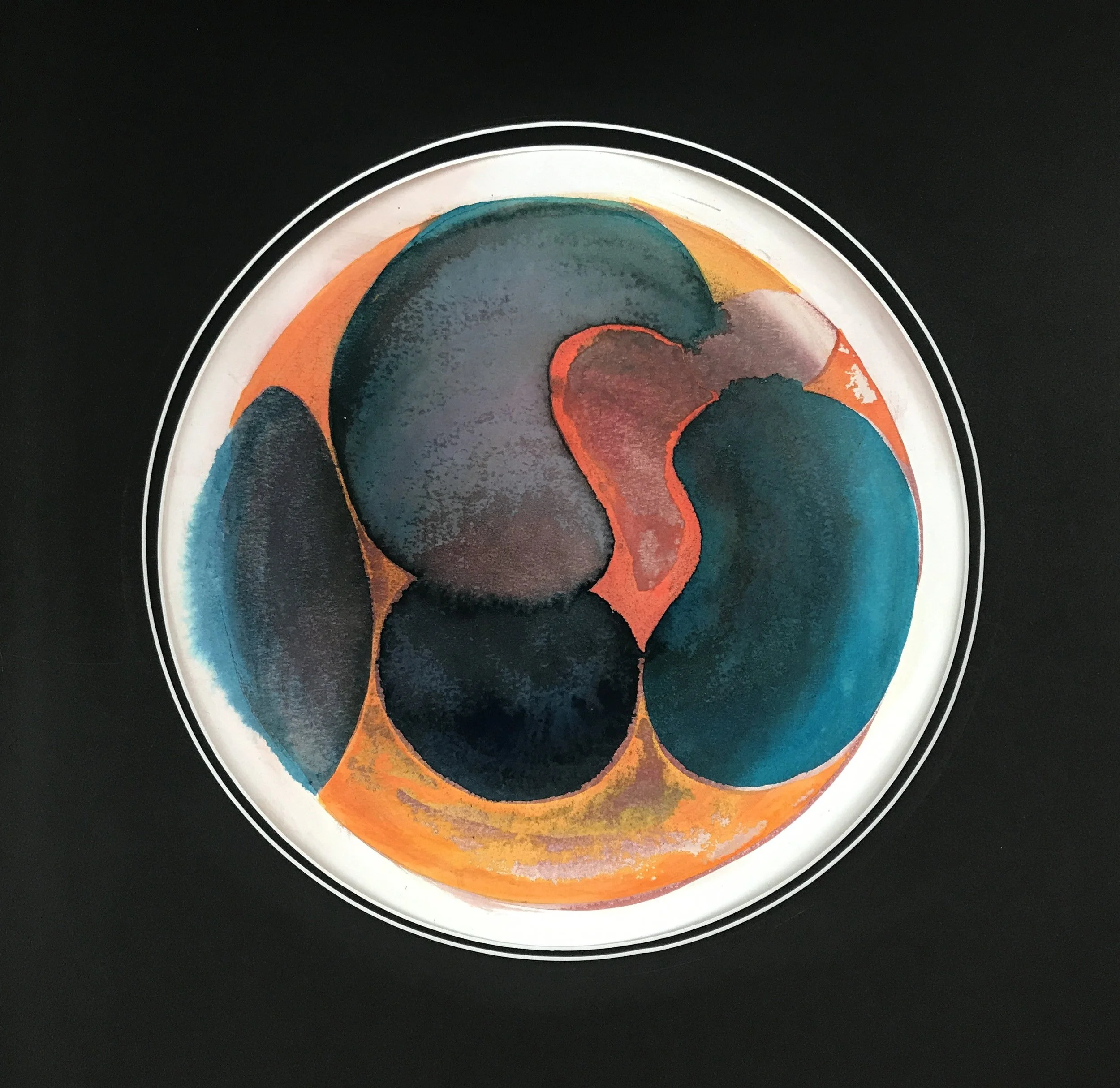 Luminous Painted World, the blue and coral forms framed in white against a black ground