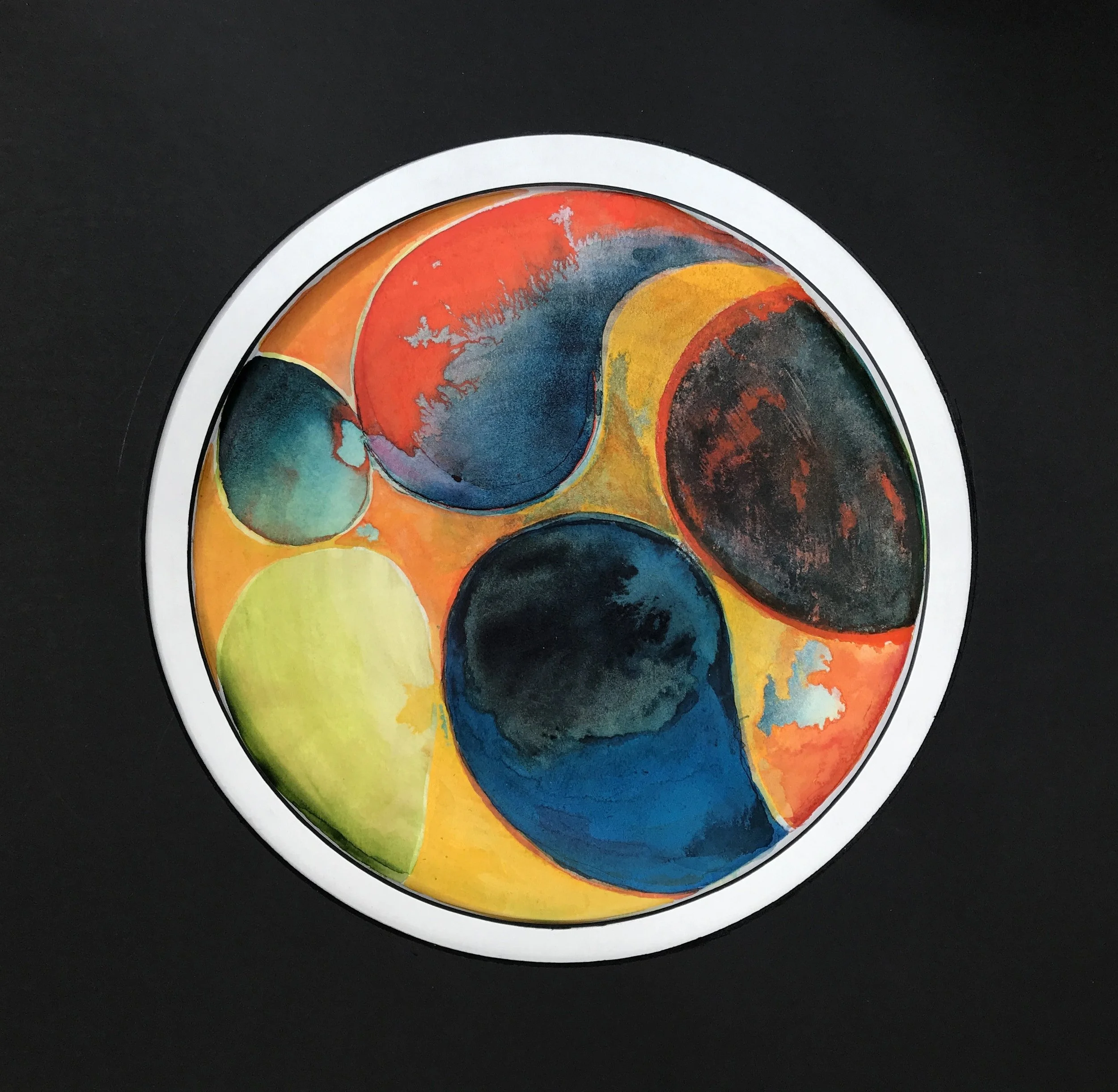Parrot Feather Painted World, a circular painting of blue, orange and yellow feather forms