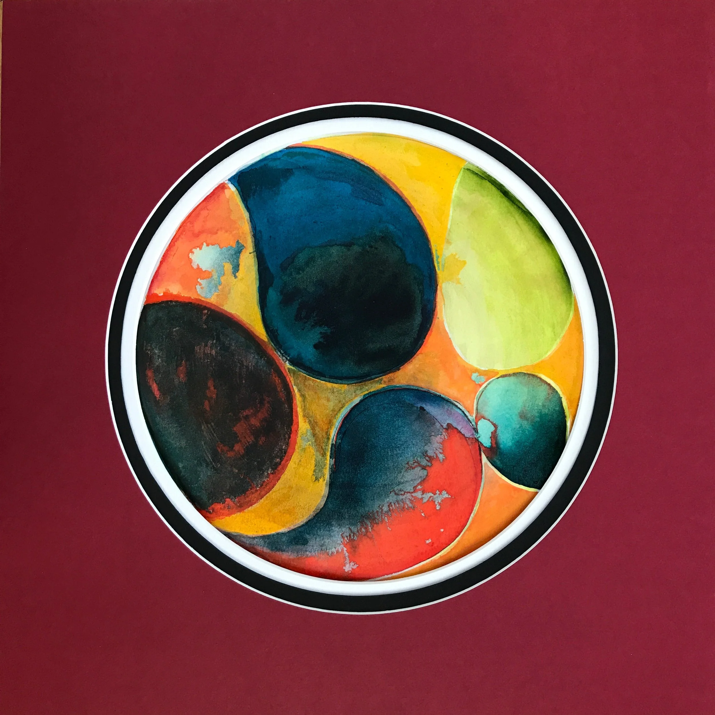 Parrot Feather Painted World, the circular painting shown against a deep red ground