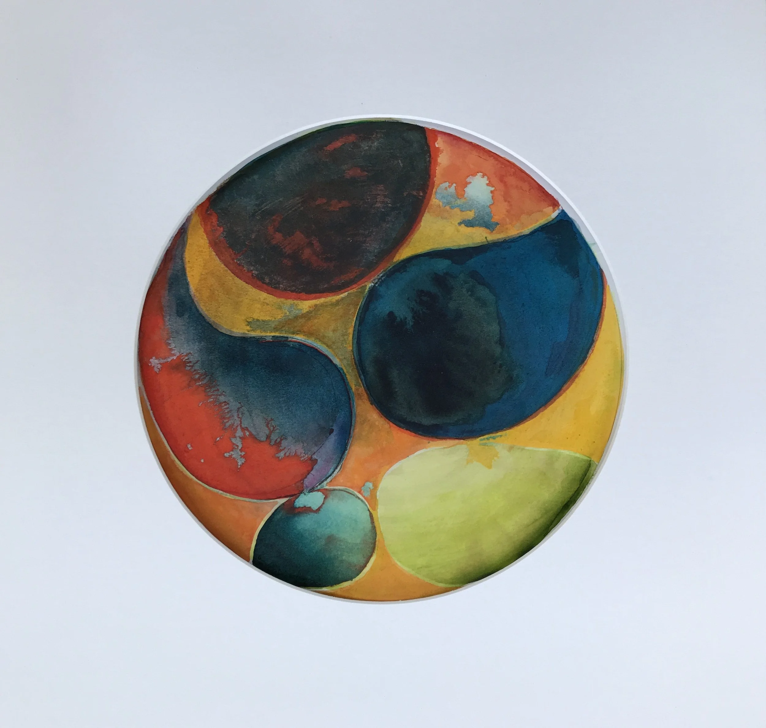Parrot Feather Painted World, the circular painting of blue, red and yellow forms on a pale ground
