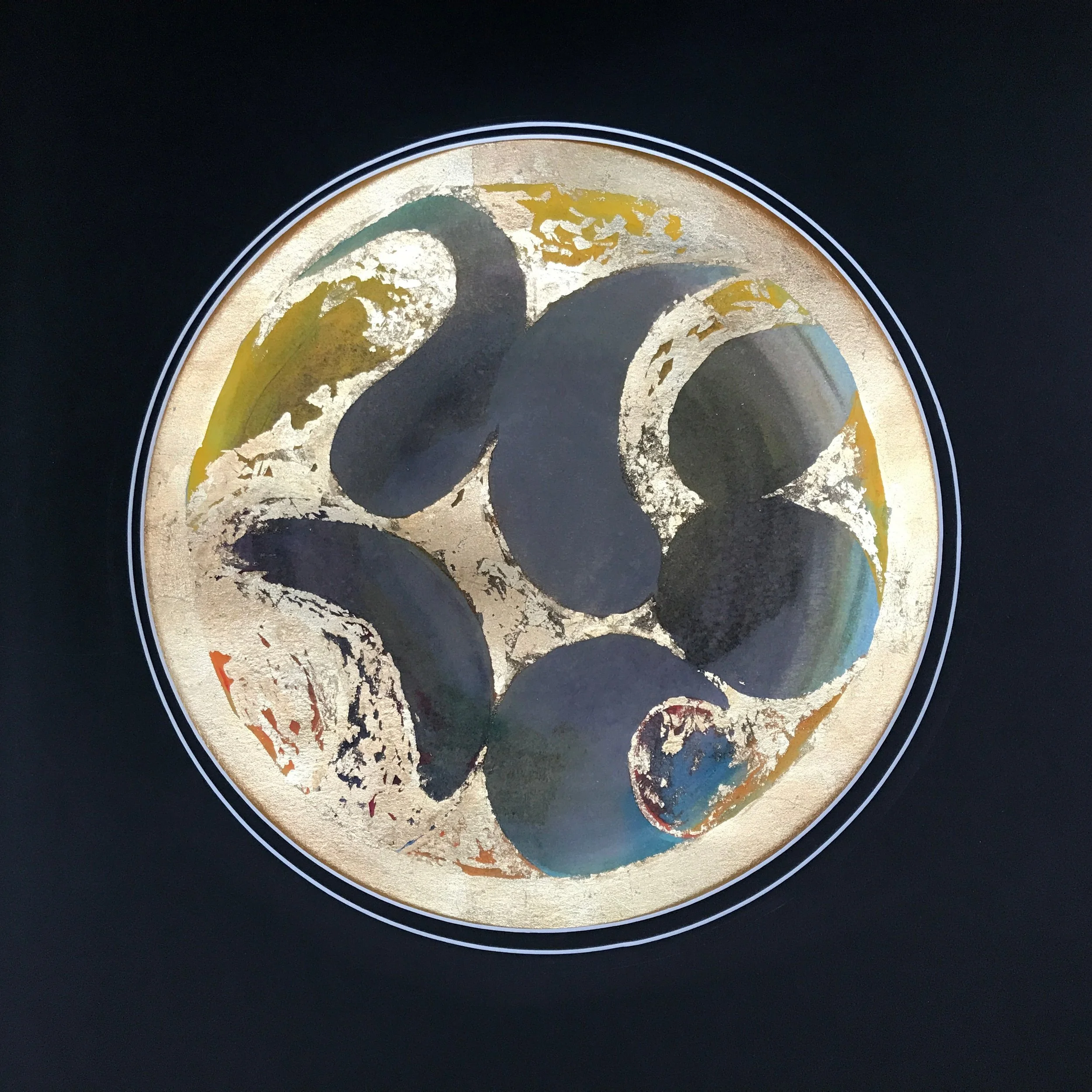 Gold Pond Painted World, a circular painting of dark pools among gold leaf, on a navy ground
