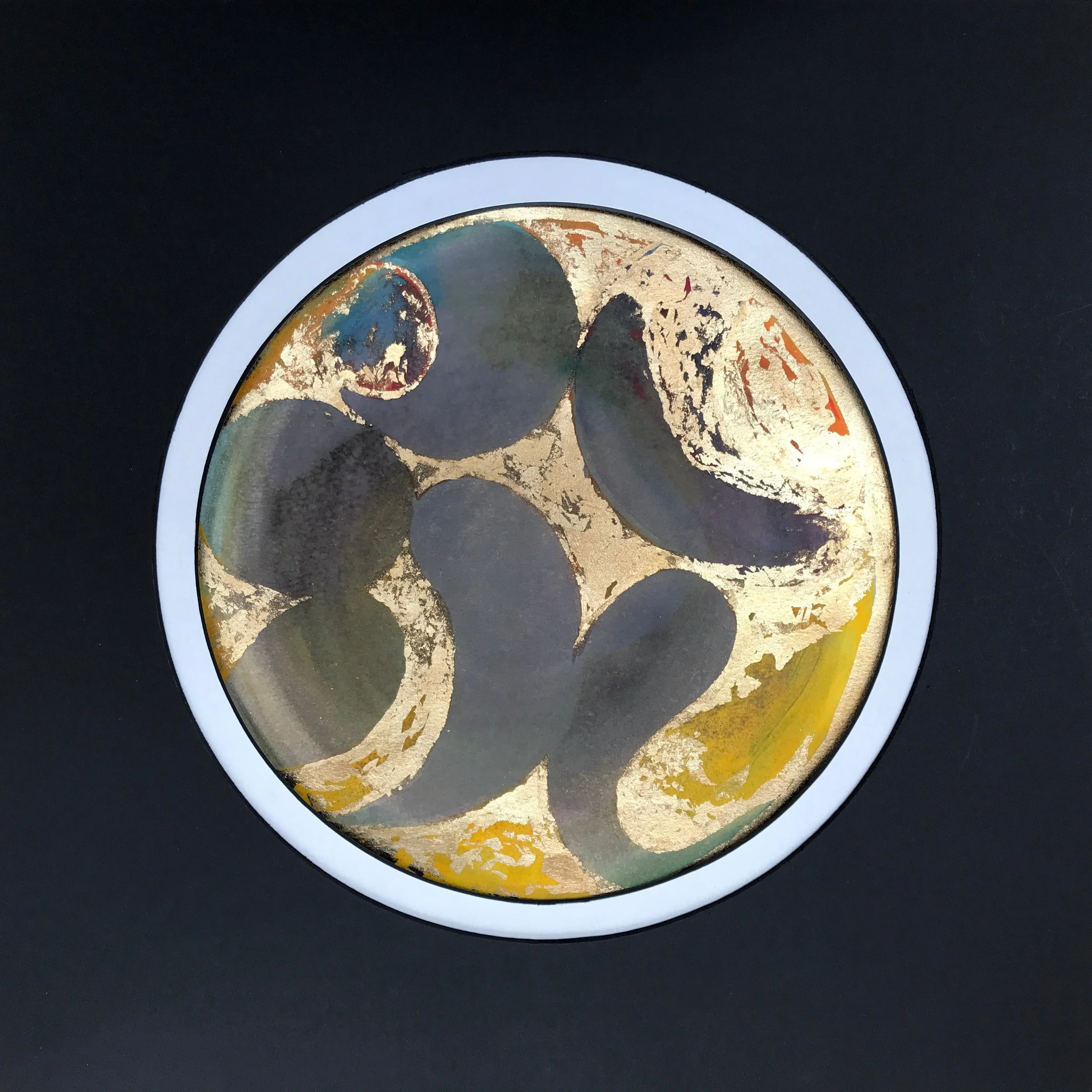 Gold Pond Painted World, the gold leaf and dark pools framed in pale blue against navy