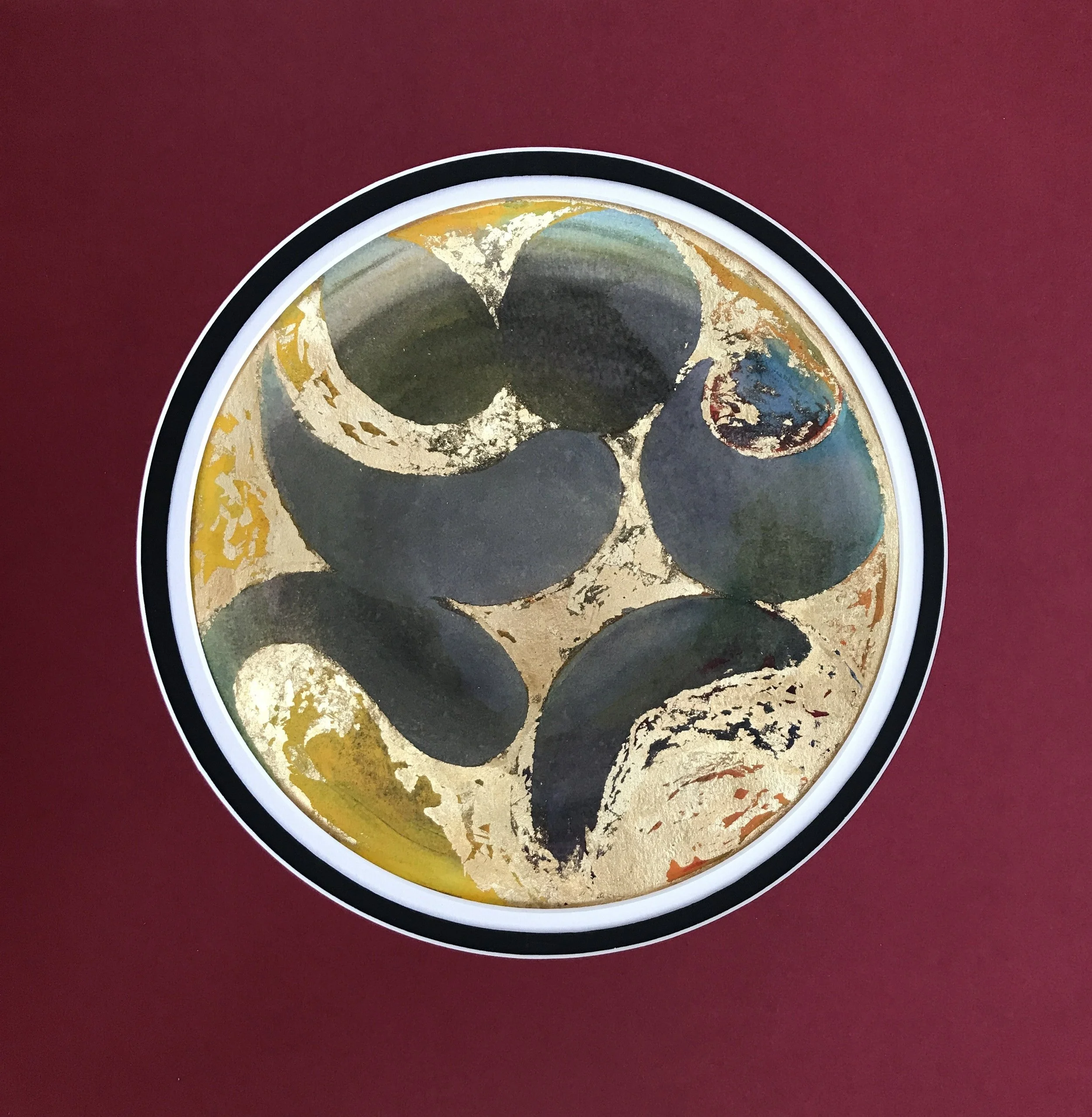 Gold Pond Painted World, the circular painting shown against a deep red ground