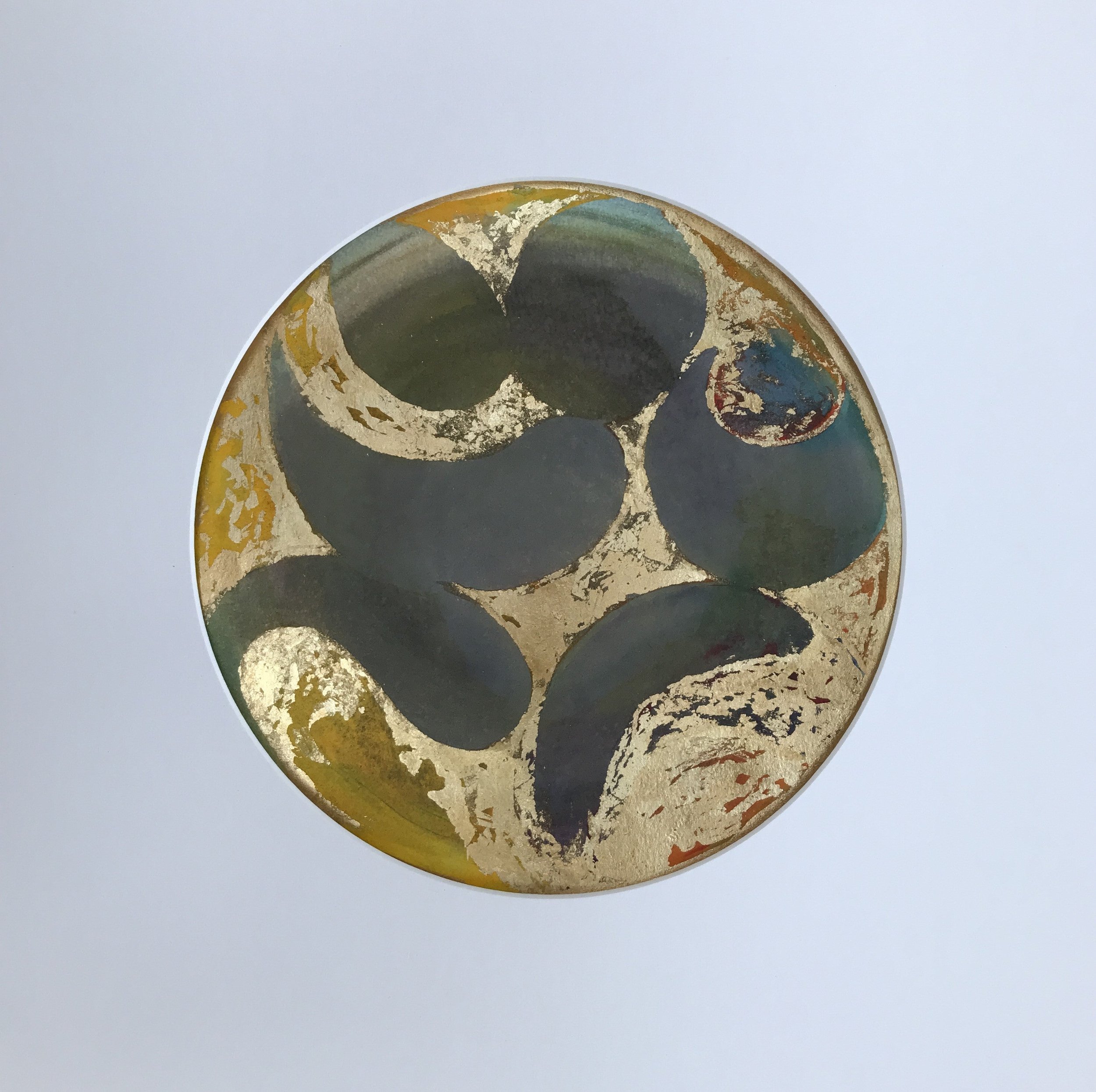 Gold Pond Painted World, the gold and charcoal forms shown against a pale lilac ground