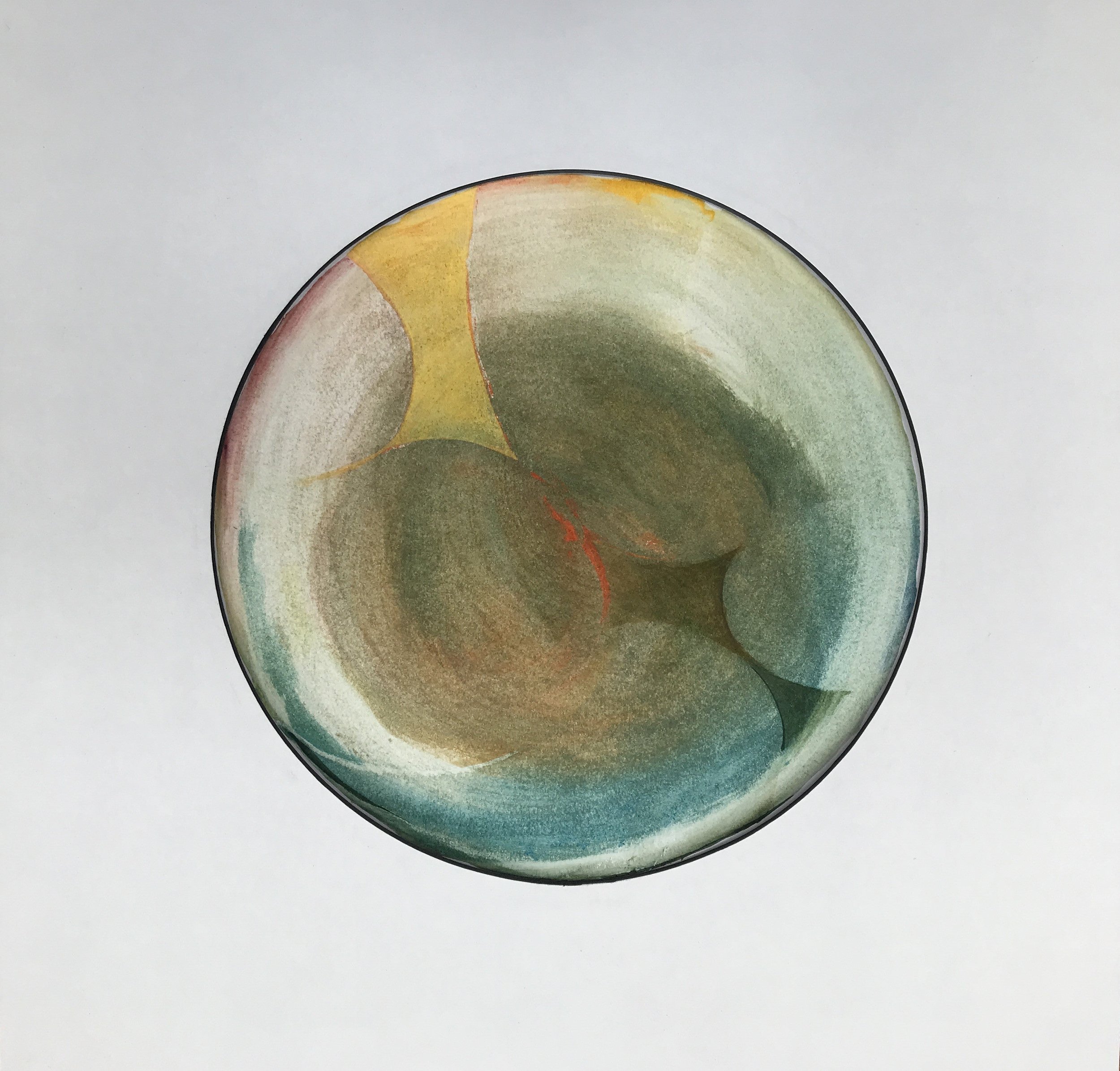 Cellular Origin Painted World, a circular painting of soft green and ochre cell forms on a pale ground
