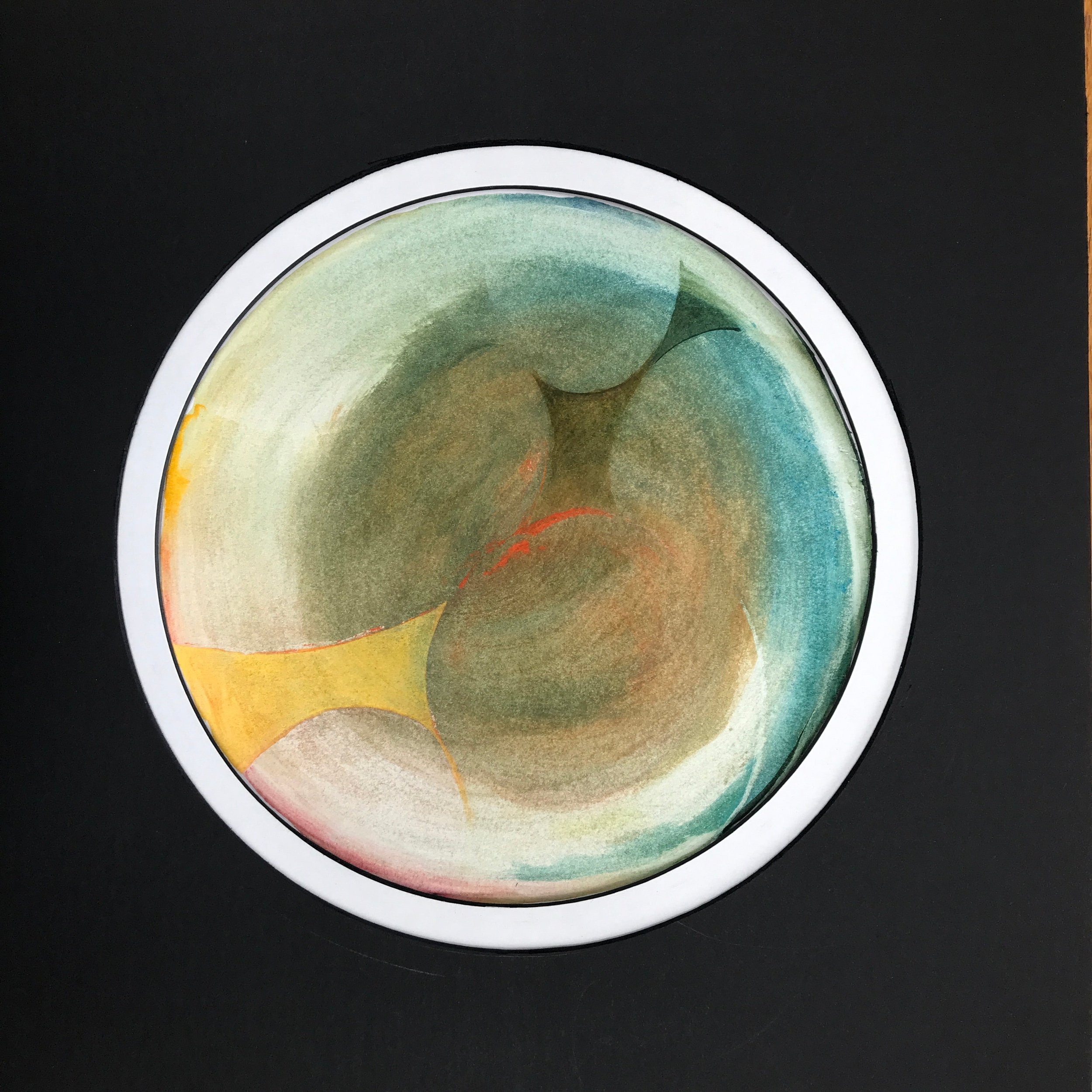 Cellular Origin Painted World, the green and ochre cell forms framed in white against black