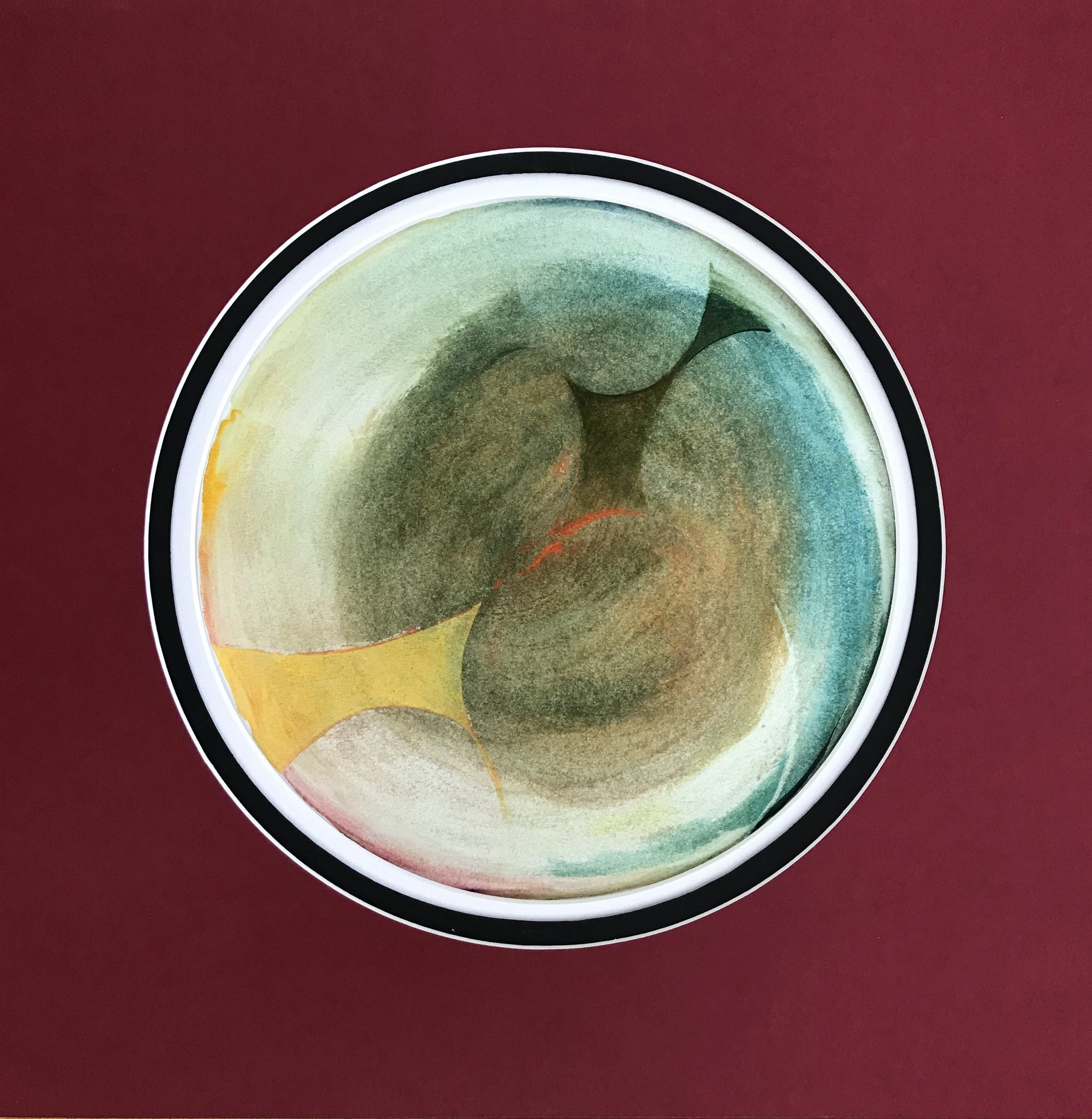 Cellular Origin Painted World, the circular painting shown against a deep red ground