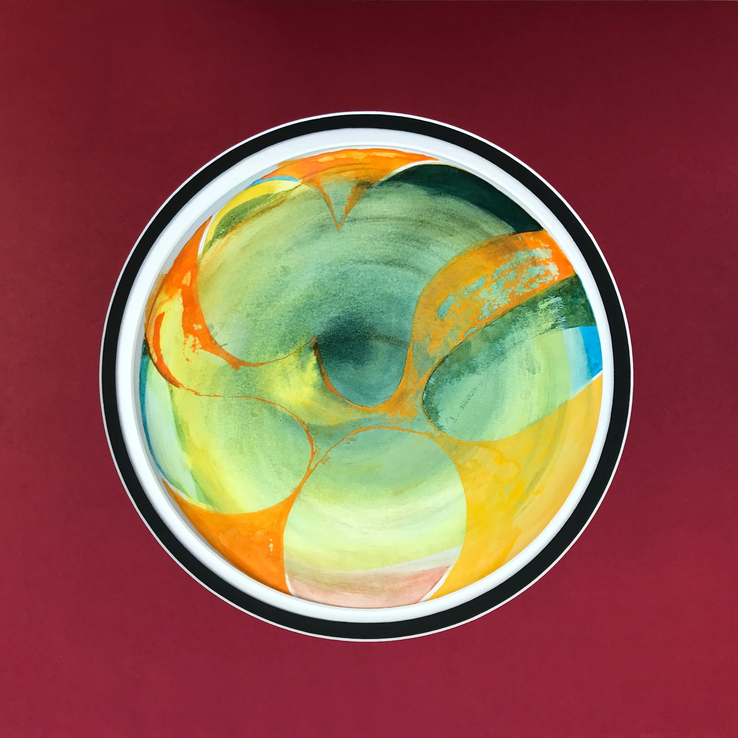 Orange Fruit Painted World, the circular painting shown against a deep red ground