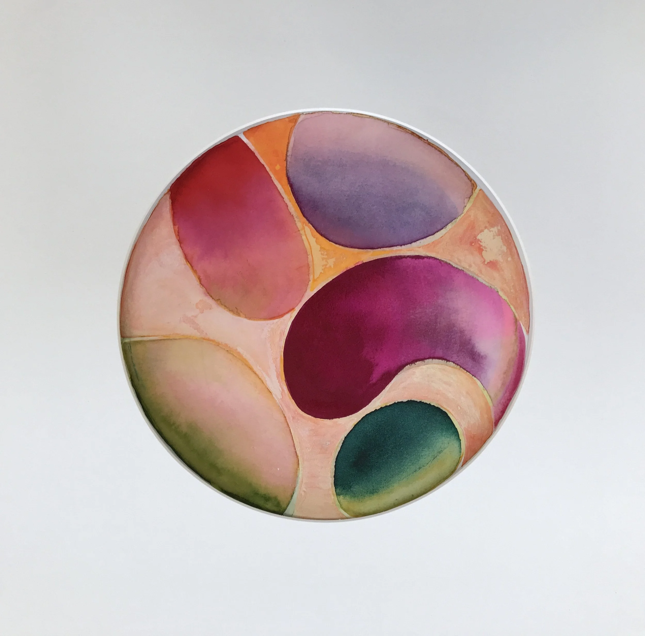 Pink Petalled Painted World, a circular painting of pink, plum and teal petal shapes on a pale ground
