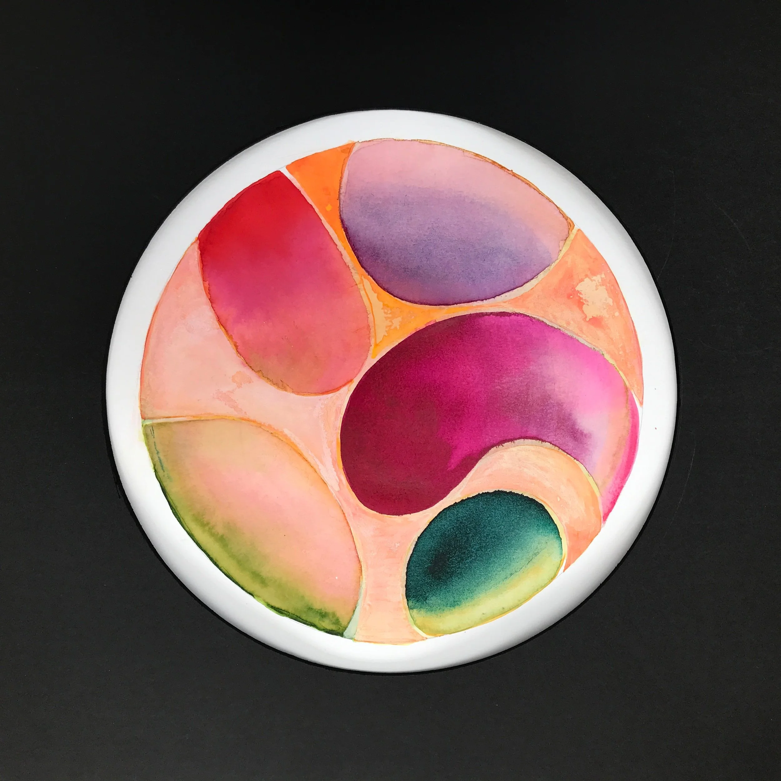 Pink Petalled Painted World, the pink and plum petal forms shown against a black ground