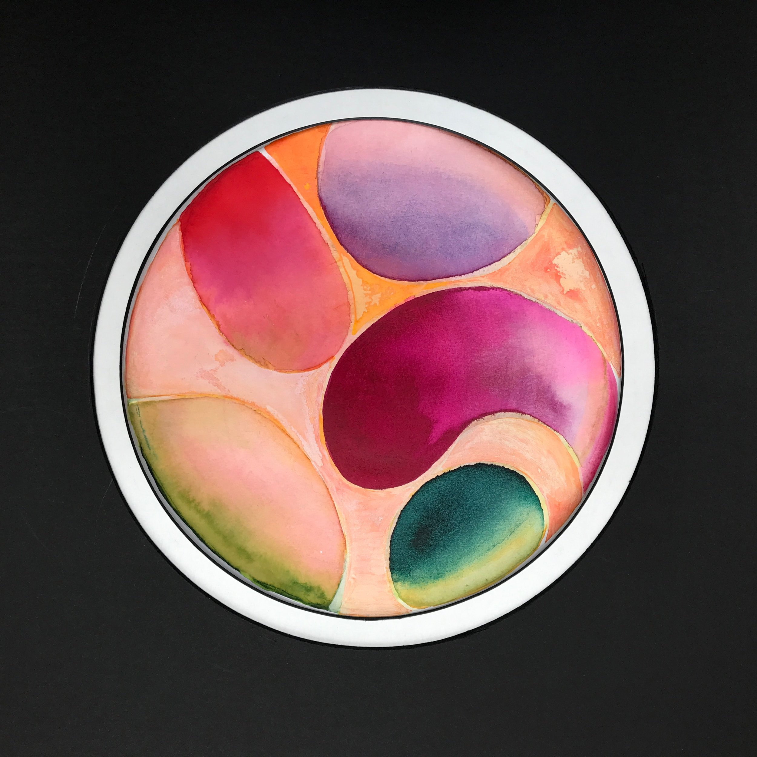 Pink Petalled Painted World, the circular painting with its white rim against a dark ground