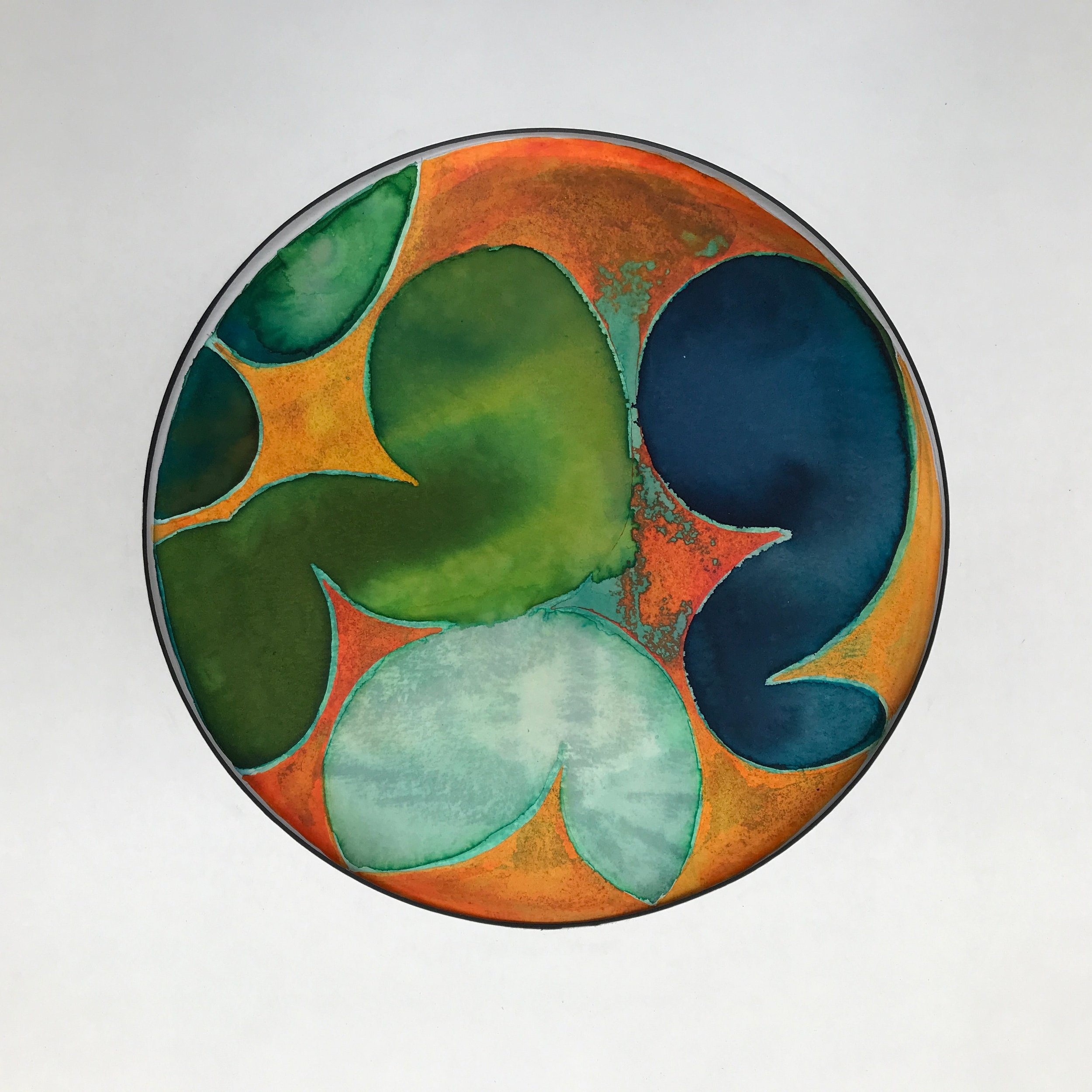 Turquoise Leafed Painted World shown unframed against a pale cream ground