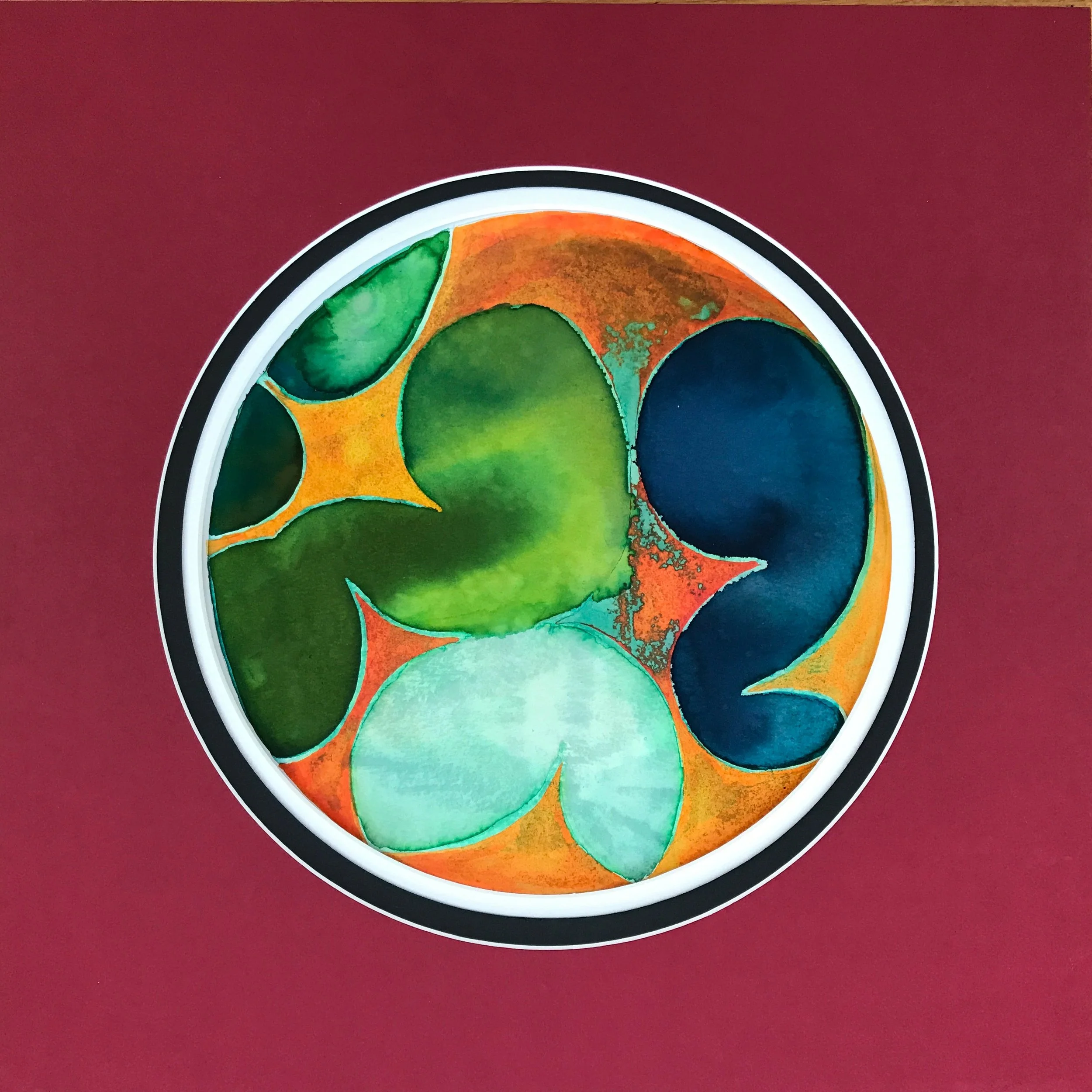 Turquoise Leafed Painted World, the circular painting shown against a deep red ground