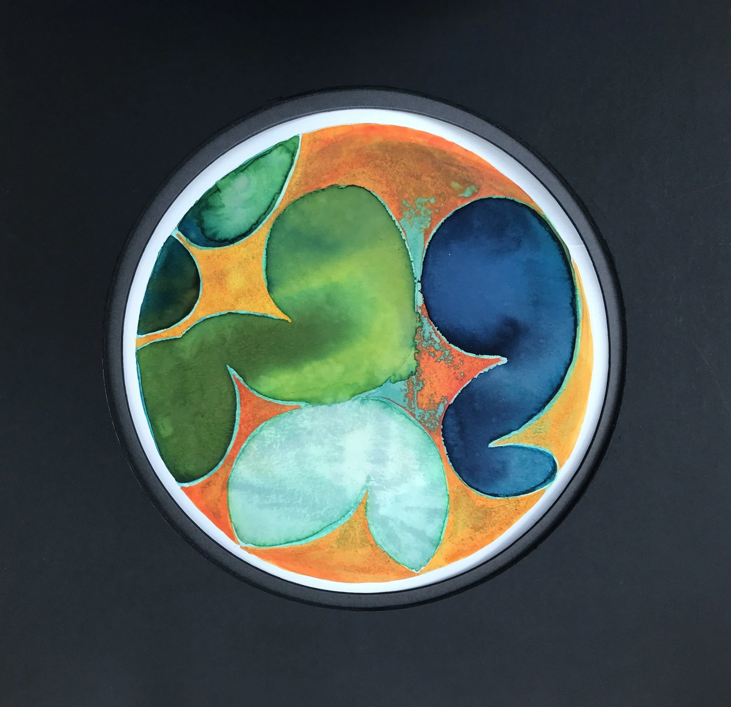 Turquoise Leafed Painted World, the circular painting shown against a dark grey ground