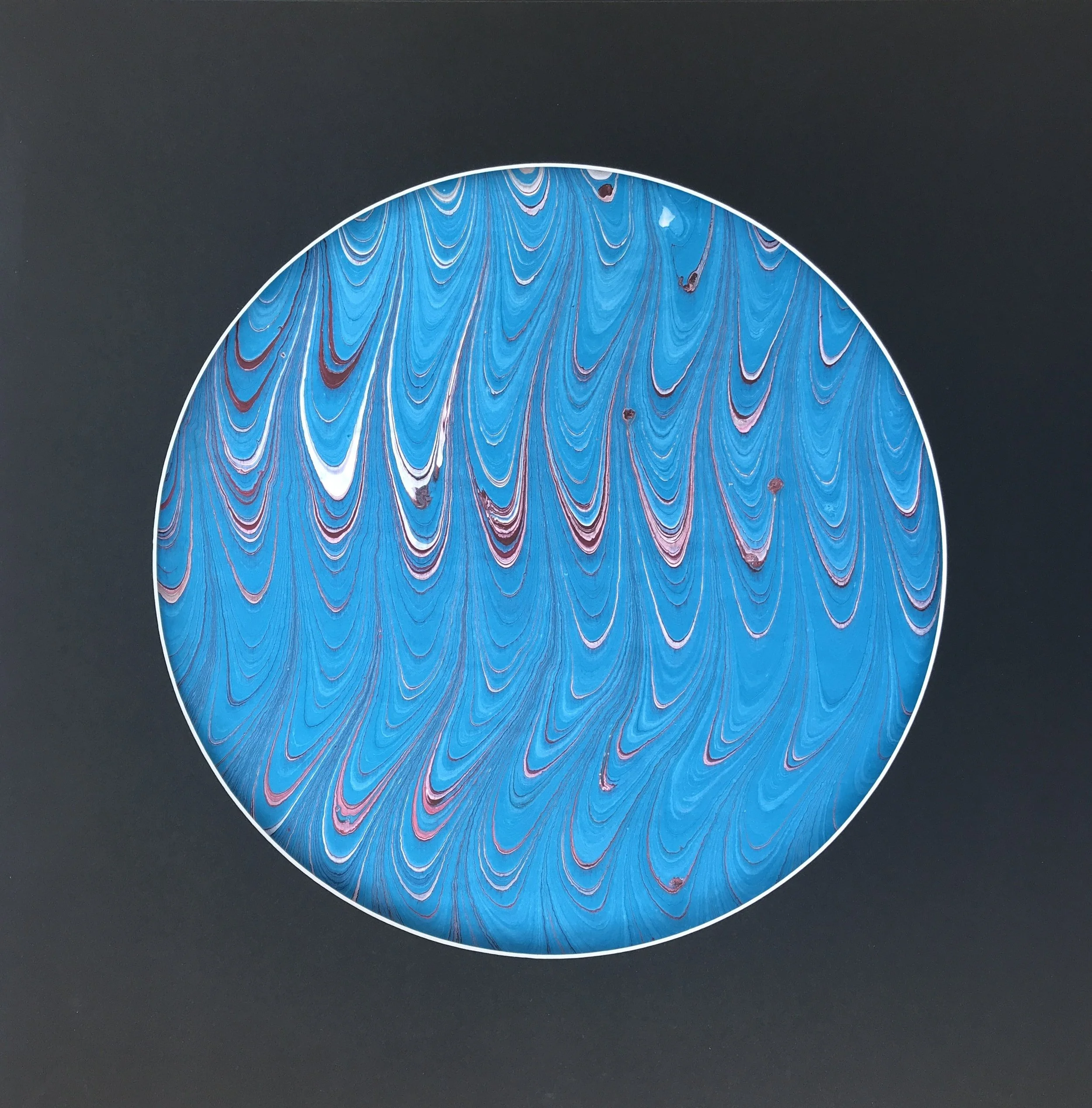 Feathered Blue Marbled Moon print, the feathered turquoise marbling shown against a dark grey ground