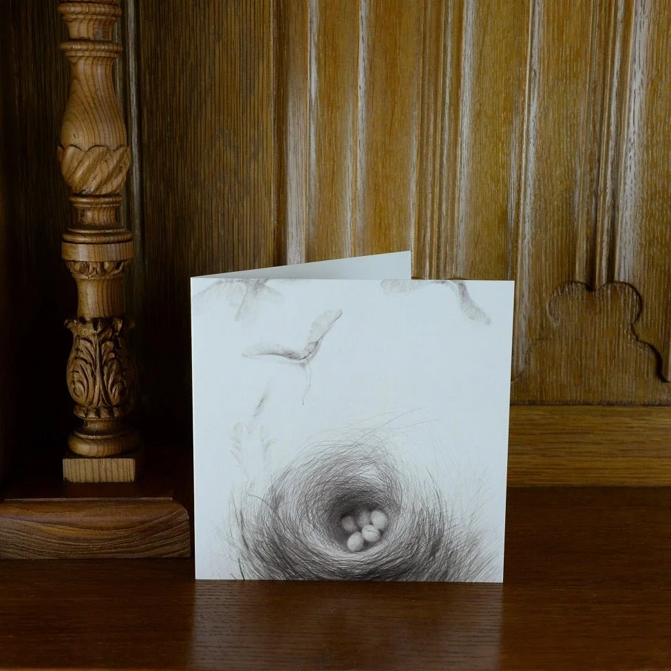 Nested Sycamore Seeds greetings card standing on a wooden mantelpiece