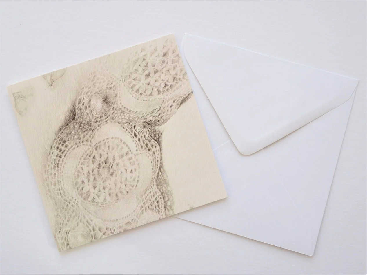Lace Moth Shadows greetings card shown at an angle with its white envelope