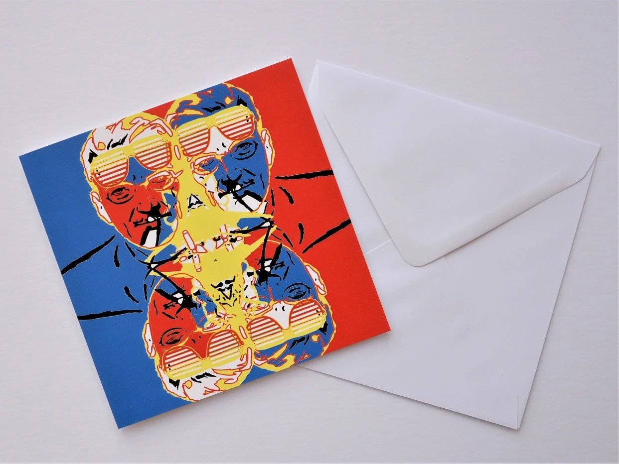 Glass Man greetings card shown at an angle with its white envelope