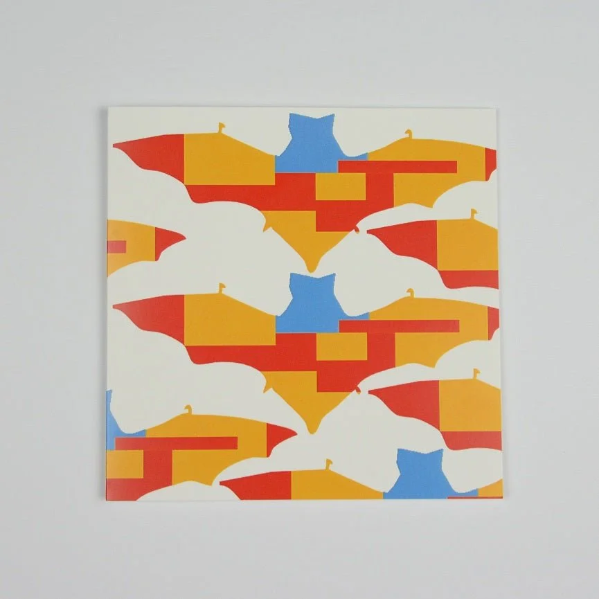 Bat Again greetings card, a bold cut-paper pattern of bats in red, orange and blue