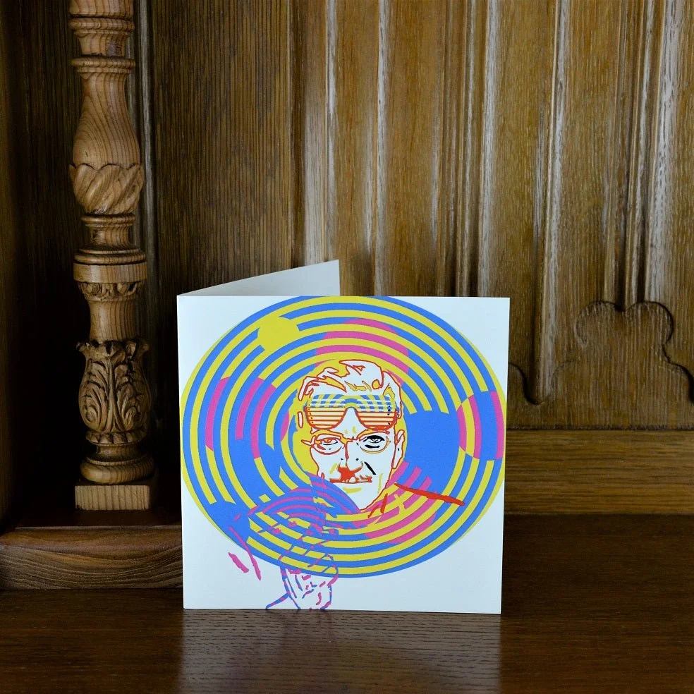 Circles greetings card standing on a wooden mantelpiece
