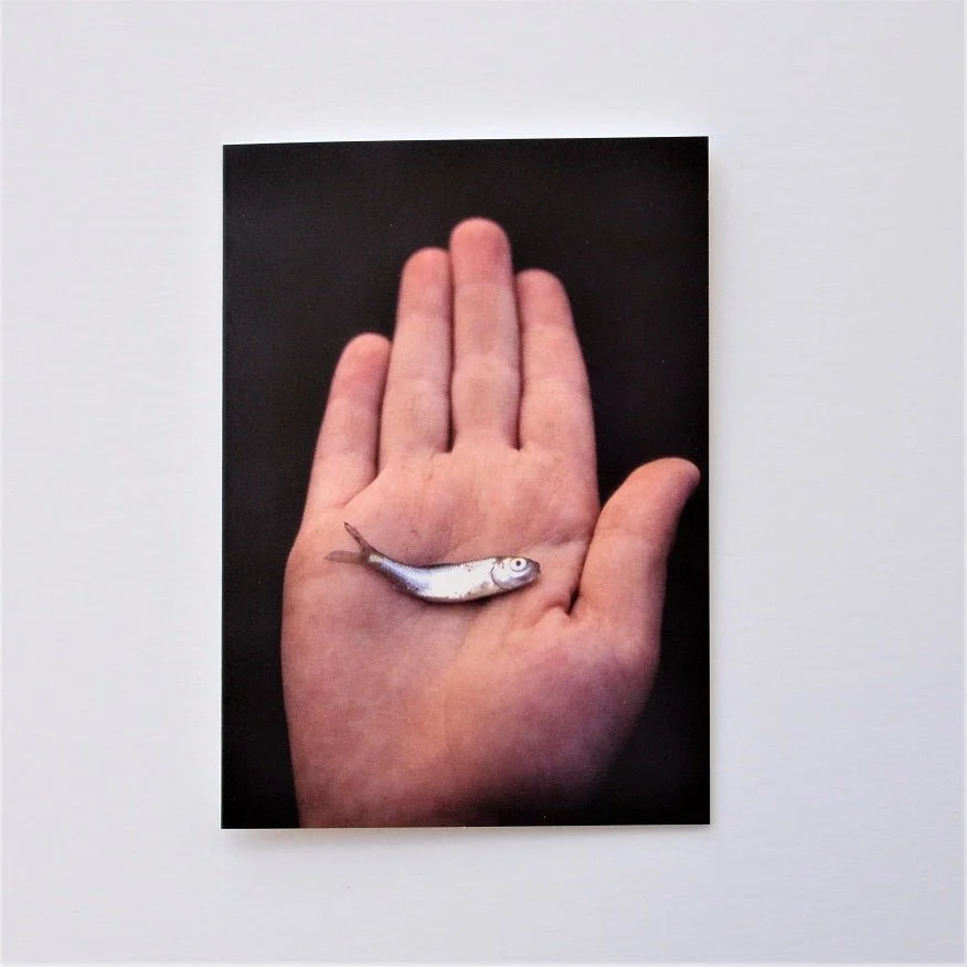 One Silvery Fish vertical greetings card, an open palm holding a single small silver fish on a dark ground