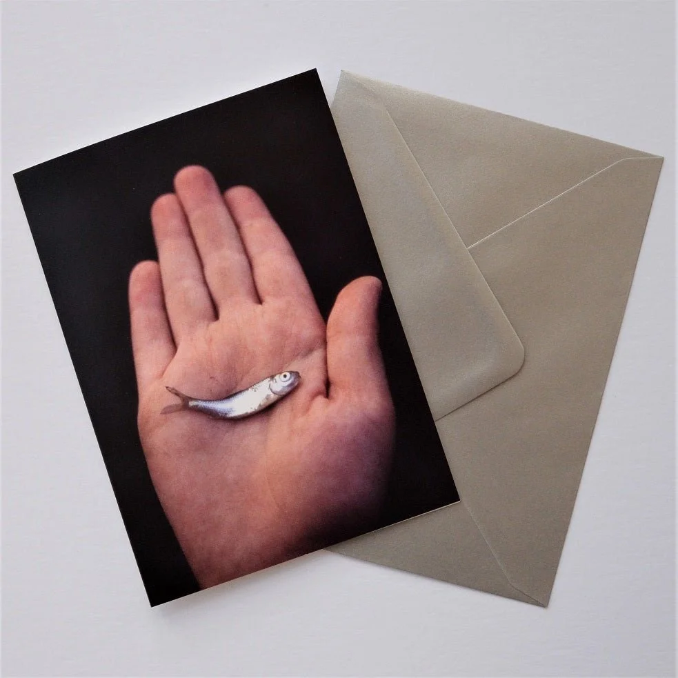 One Silvery Fish vertical greetings card shown at an angle with its envelope