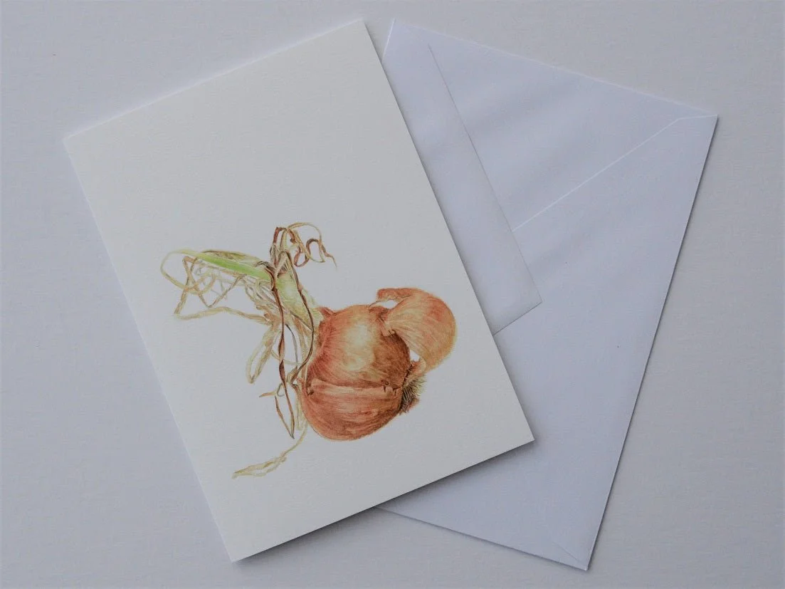 Sprouting Onion Shell vertical greetings card shown at an angle with its white envelope