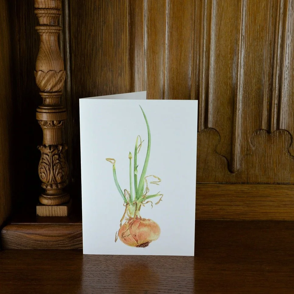 Sprouting Onion Beauty vertical greetings card standing on a wooden mantelpiece