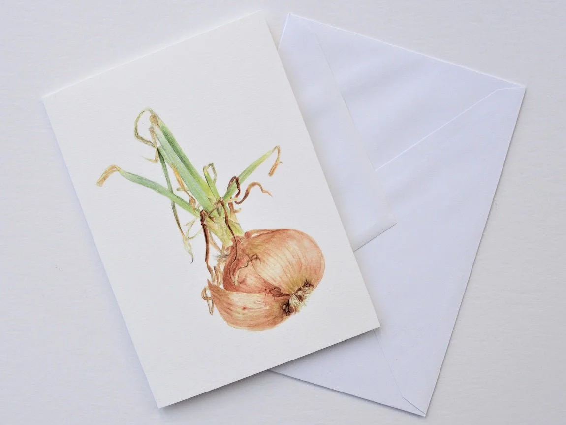 Sprouting Onion Roots vertical greetings card shown at an angle with its white envelope