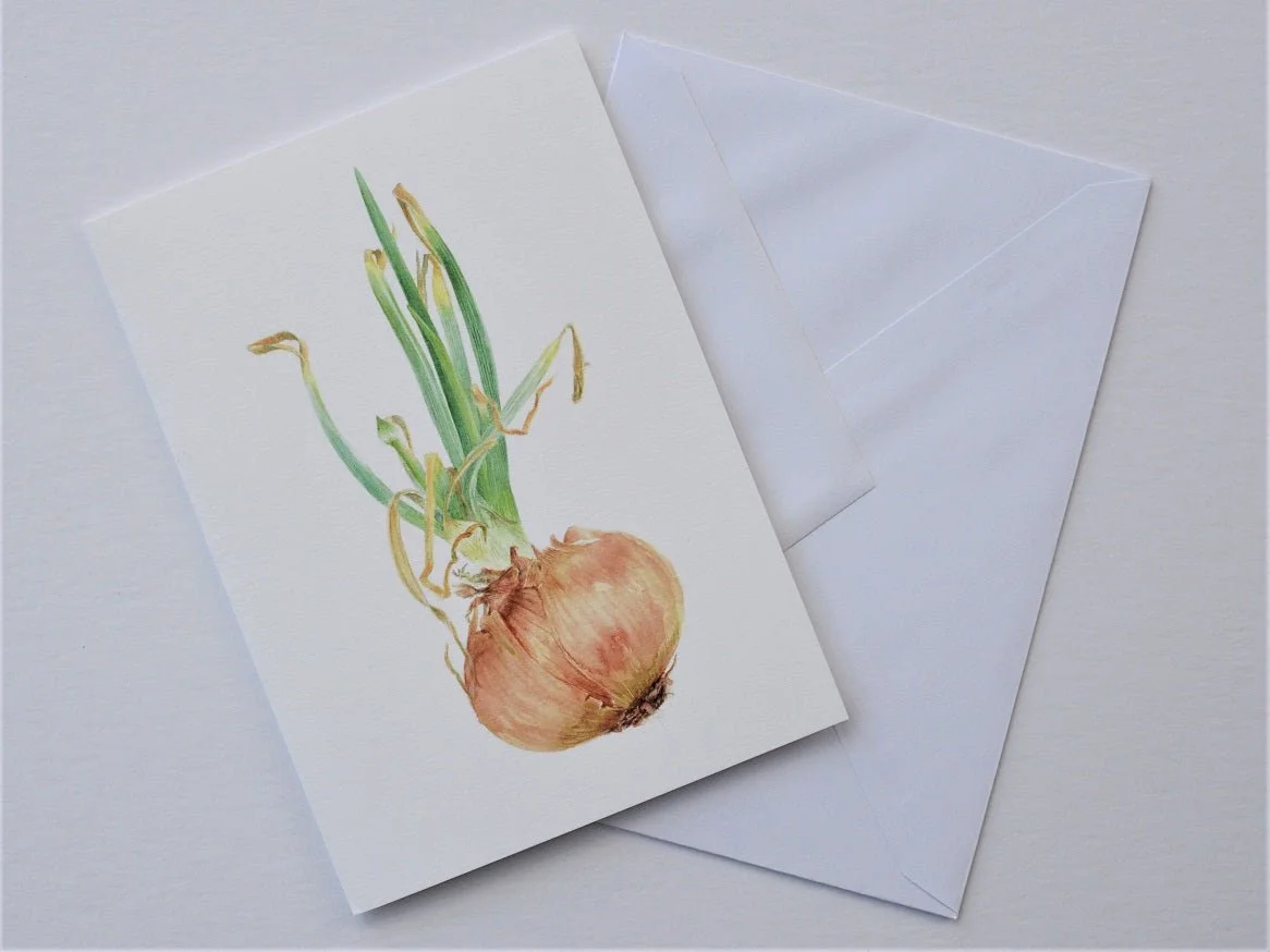 Sprouting Onion Flower Bud vertical greetings card shown at an angle with its white envelope