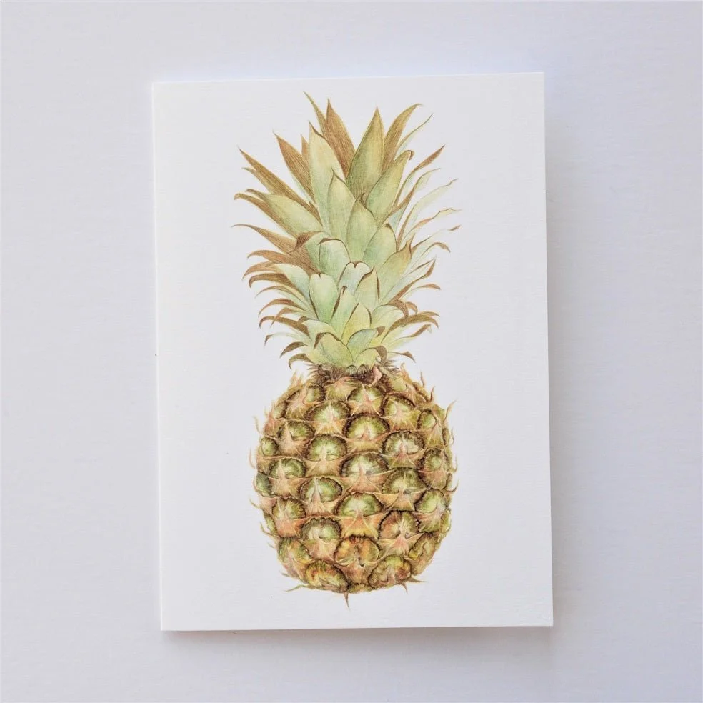 Pineapple Full Portrait greetings card, a tall watercolour of a whole pineapple and its crown