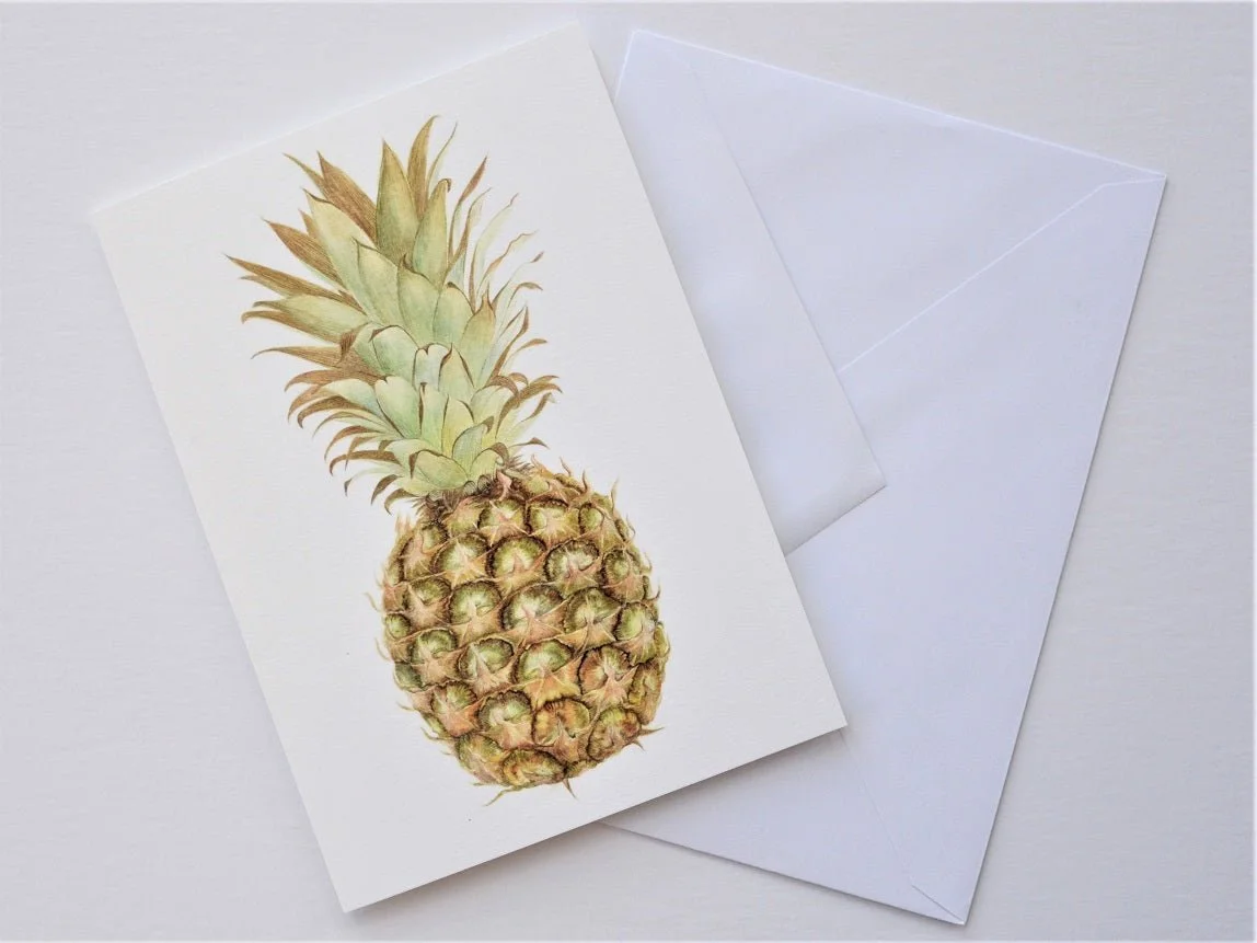 Pineapple Full Portrait greetings card shown at an angle with its white envelope