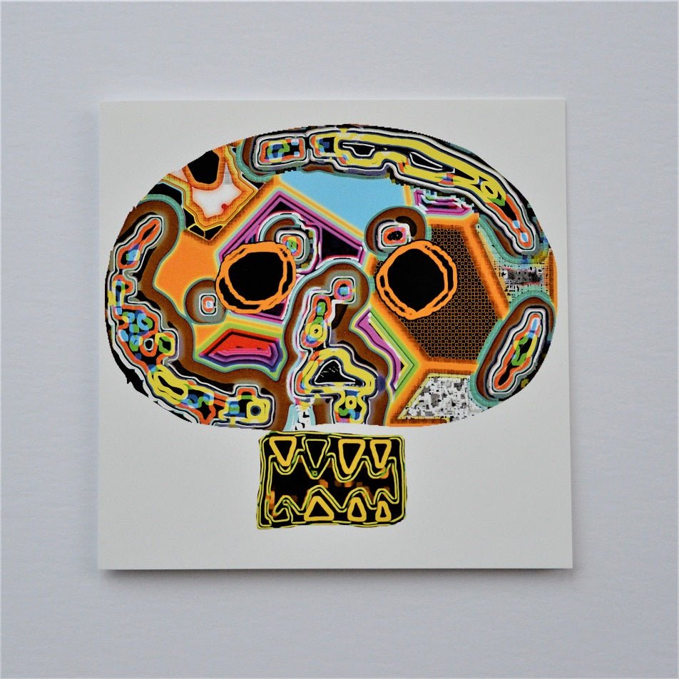 Untitled Mask greetings card, a brightly patterned painted mask in orange, blue and yellow