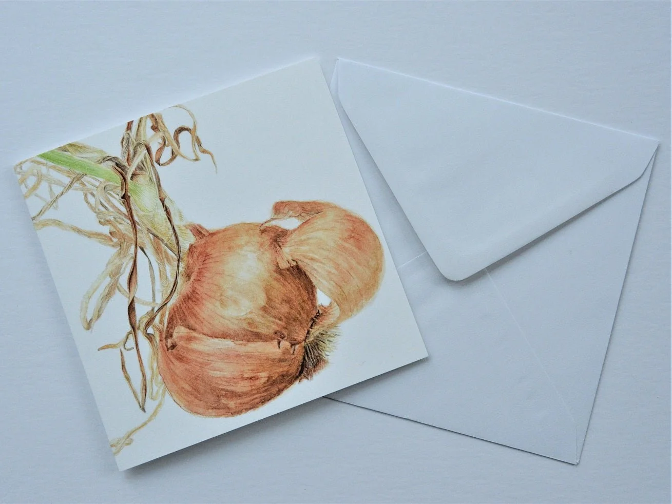 Sprouting Onion Shell greetings card shown at an angle with its white envelope
