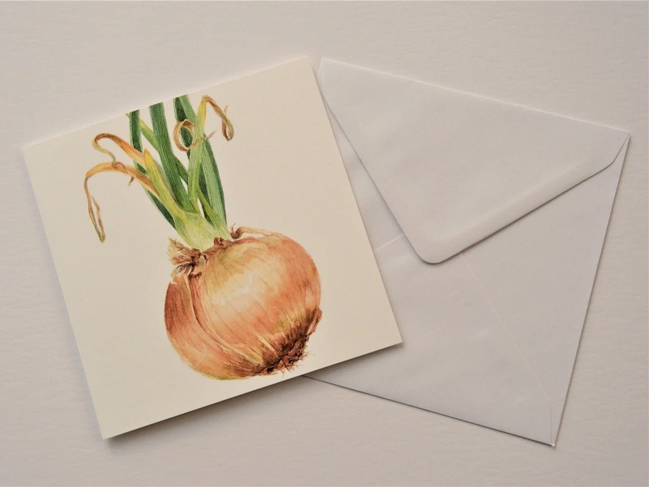 Sprouting Onion Green greetings card shown at an angle with its white envelope