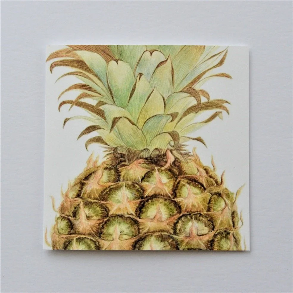 Pineapple Portrait greetings card, a watercolour of a whole pineapple with its green crown