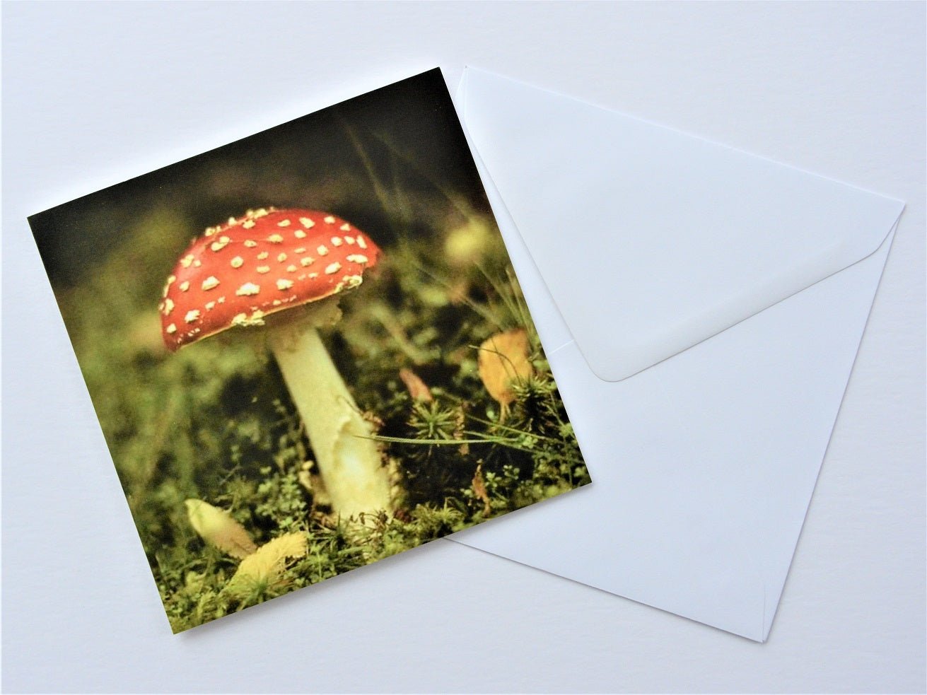 Amanita Muscaria Wales greetings card shown at an angle with its white envelope