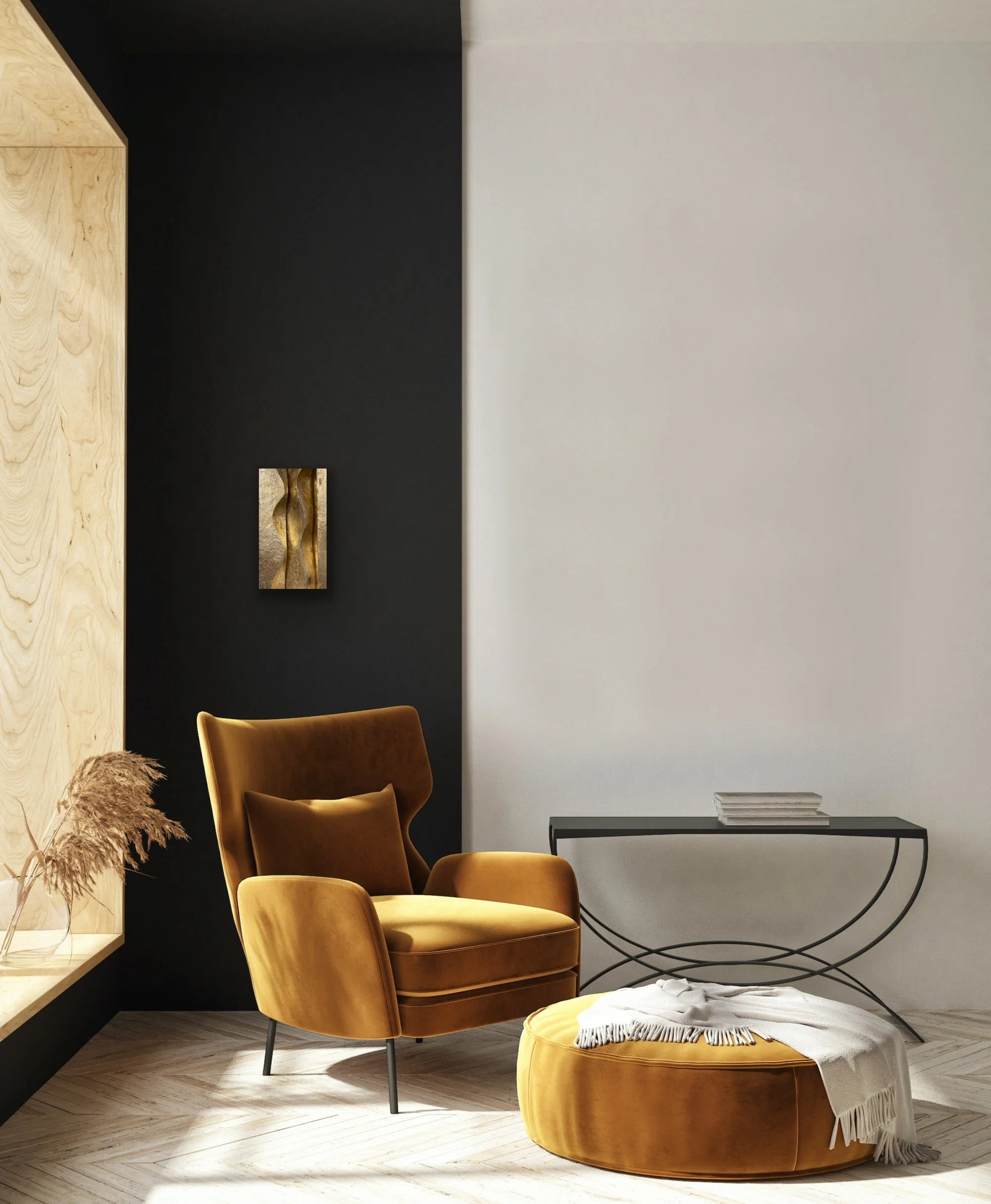 Brancusi wall sculpture in a dark contemporary interior beside a tan leather armchair and glass table