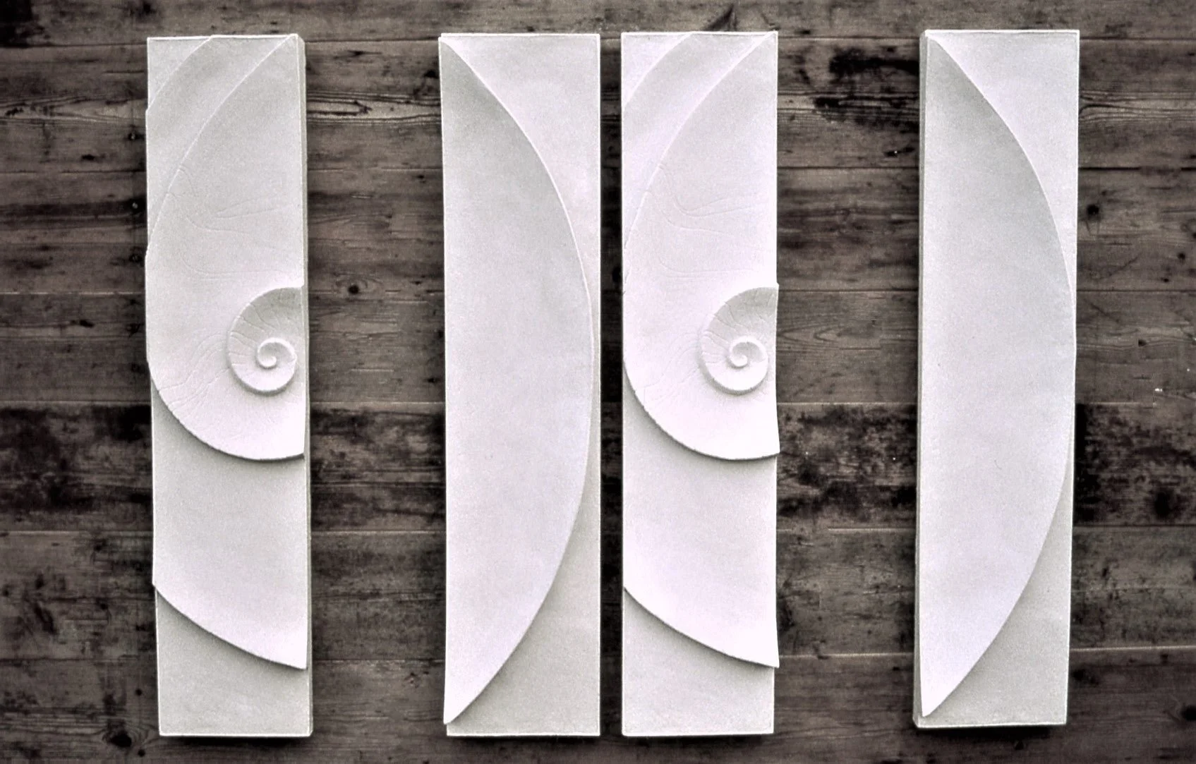 Shellwave Between Two Concave Moons wall sculpture arranged as four tall panels on a grey timber wall