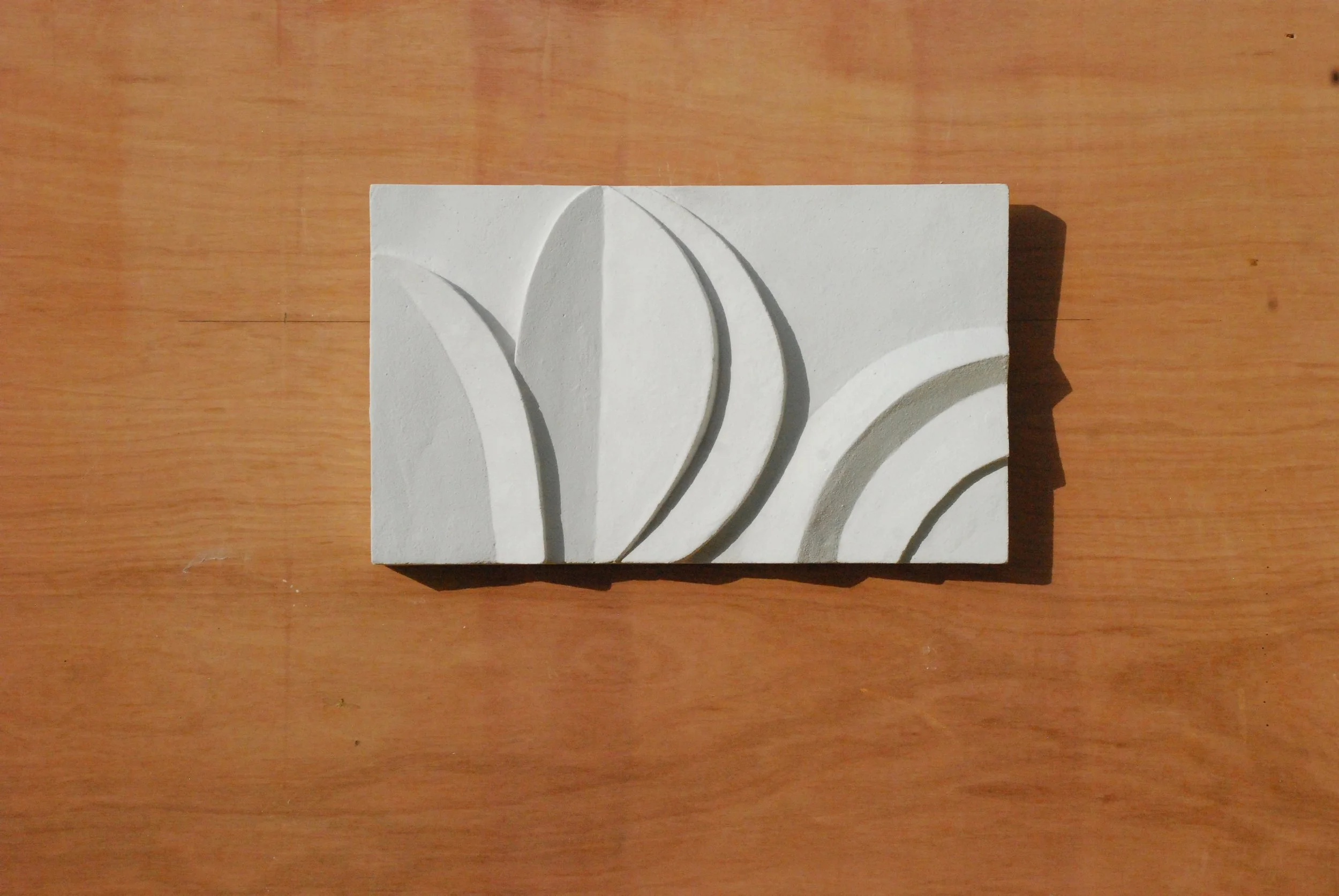 White Acanthus and Moon relief on a timber board, with shadows defining its raised curves.