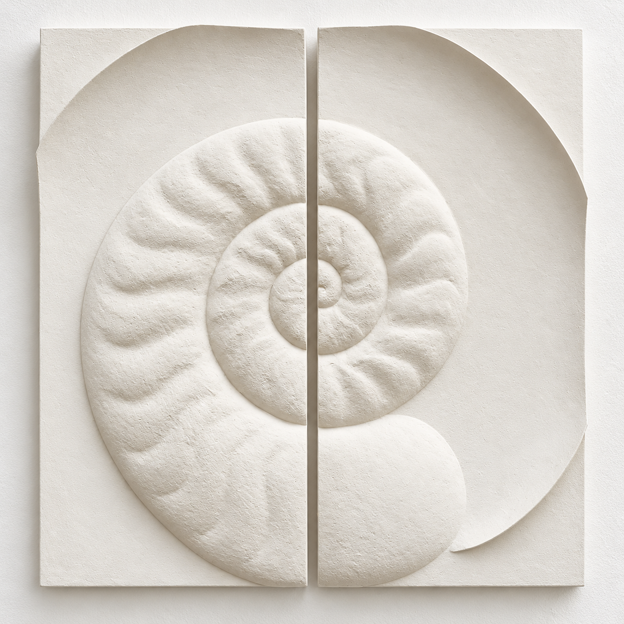 Front view of the paired white Ammonite Large panels, with a vertical join through the spiral shell.