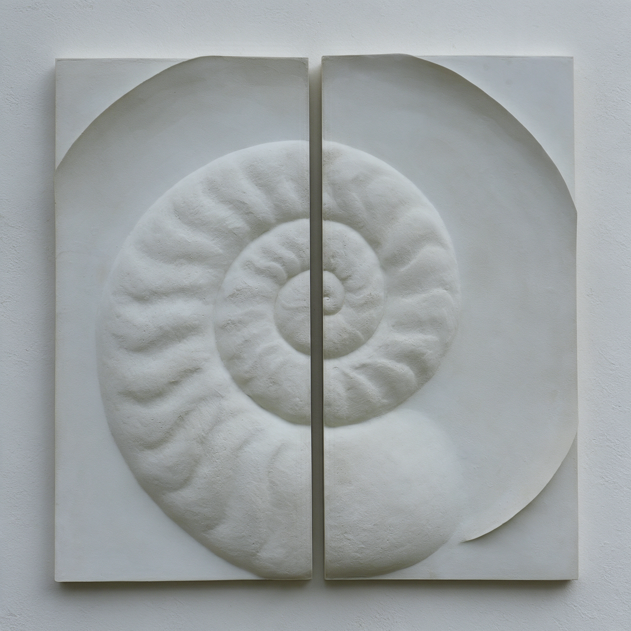 Two white Ammonite Large panels together, forming a complete spiral shell relief.