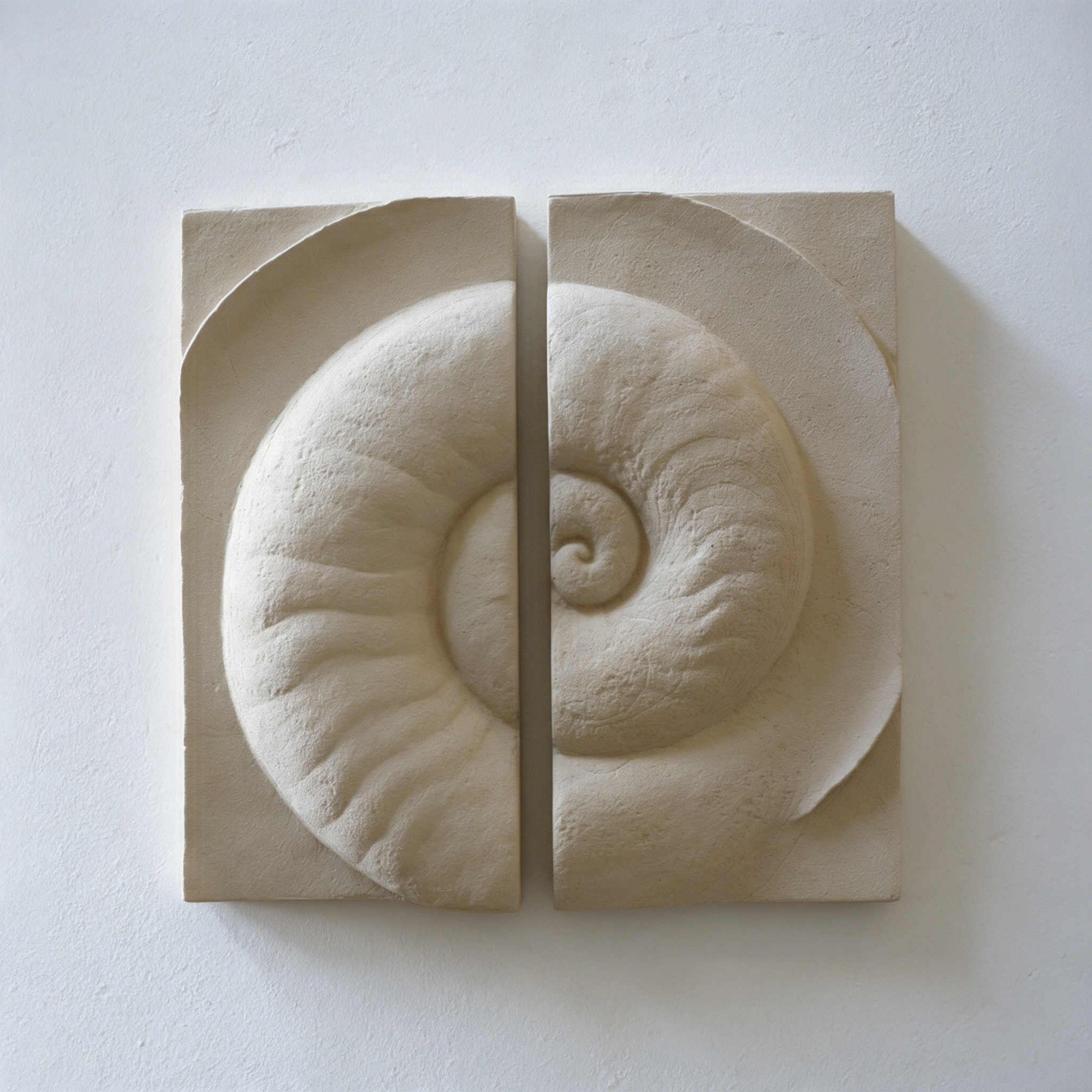 Paired white Ammonite Small panels against a pale wall, with shadows showing the shell relief.