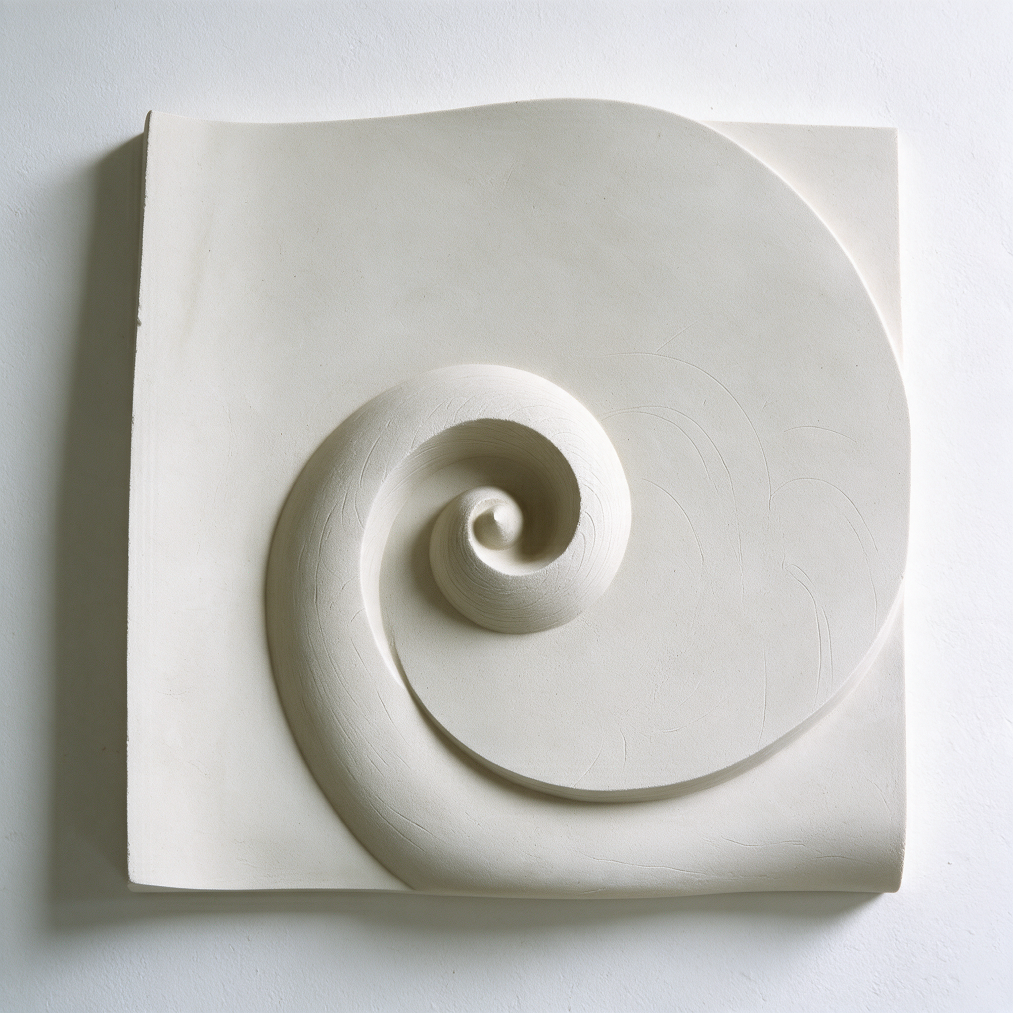 Front view of the white Barbados Wave relief, with a smooth coiled centre and raised outer curve.