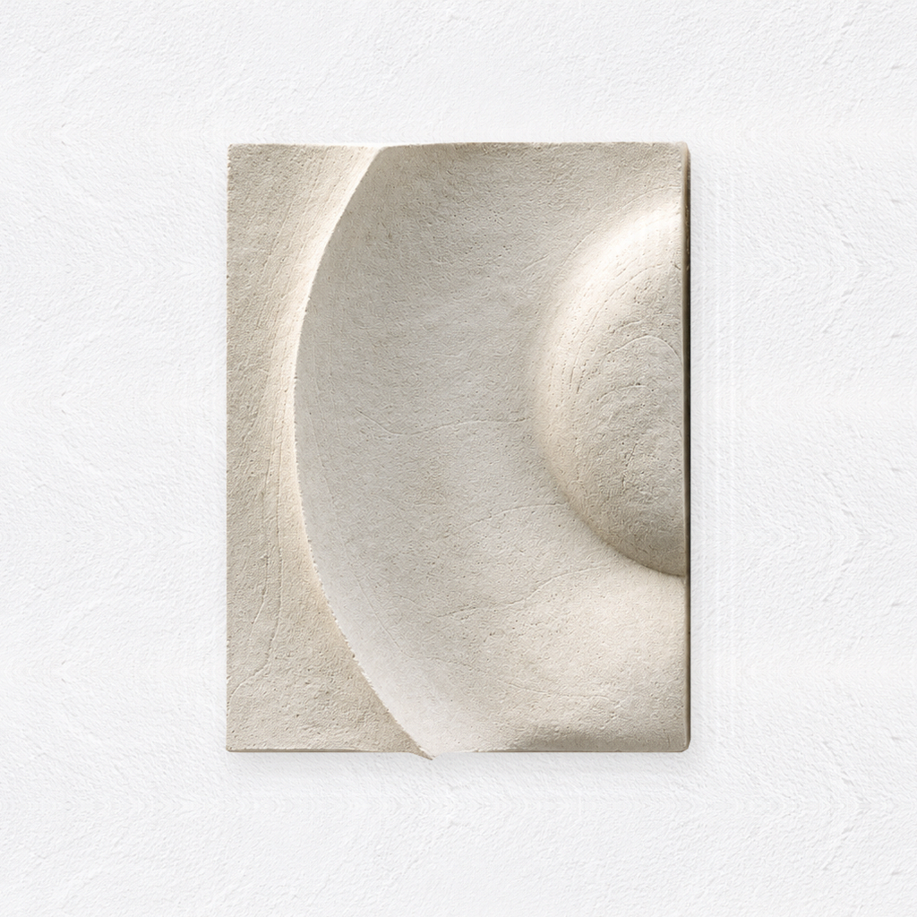 White Bone Spiral 1 narrow panel with a broad curved relief against a white background.