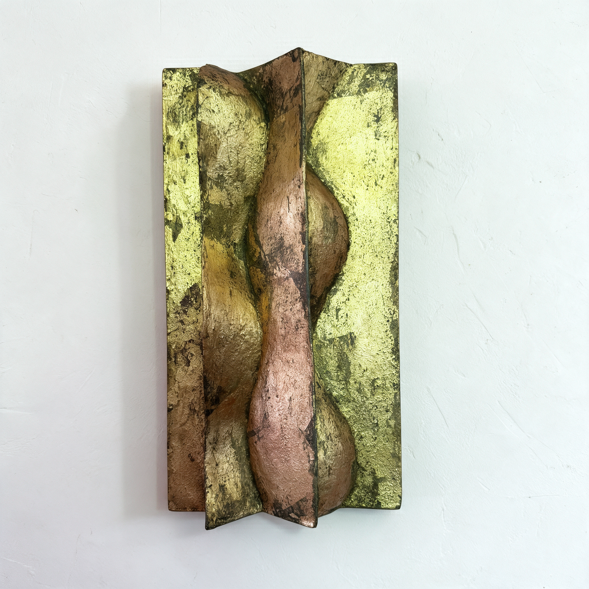 Brancusi 2 relief with a raised central wave and mottled gold and brown surface against white.