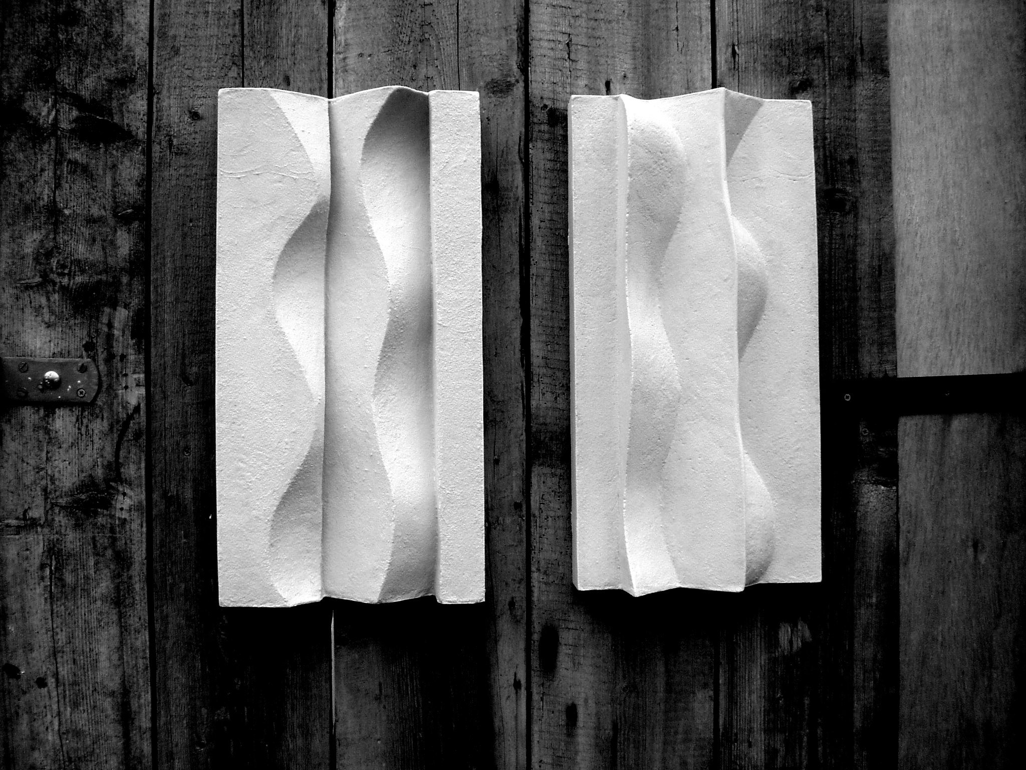 Black-and-white view of the Brancusi diptych mounted on weathered timber.