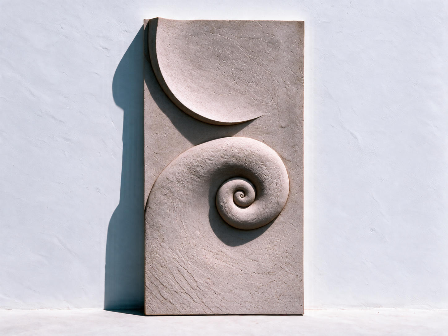 White Moon Ripple relief with a crescent above a spiral, shown in strong side lighting.