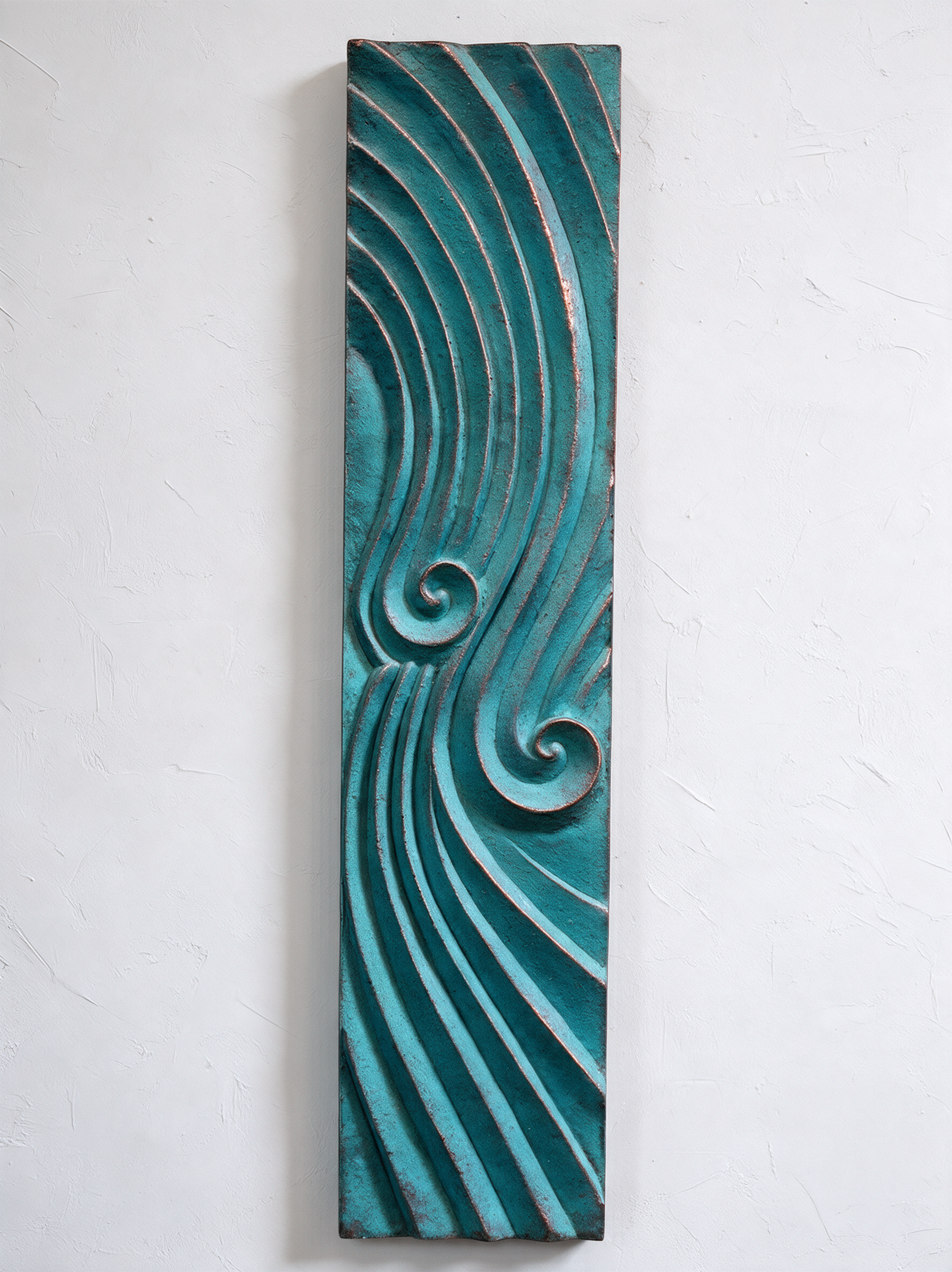 Verdigris Deco Dune Ripple 2 panel with parallel curved ridges and two small spirals.